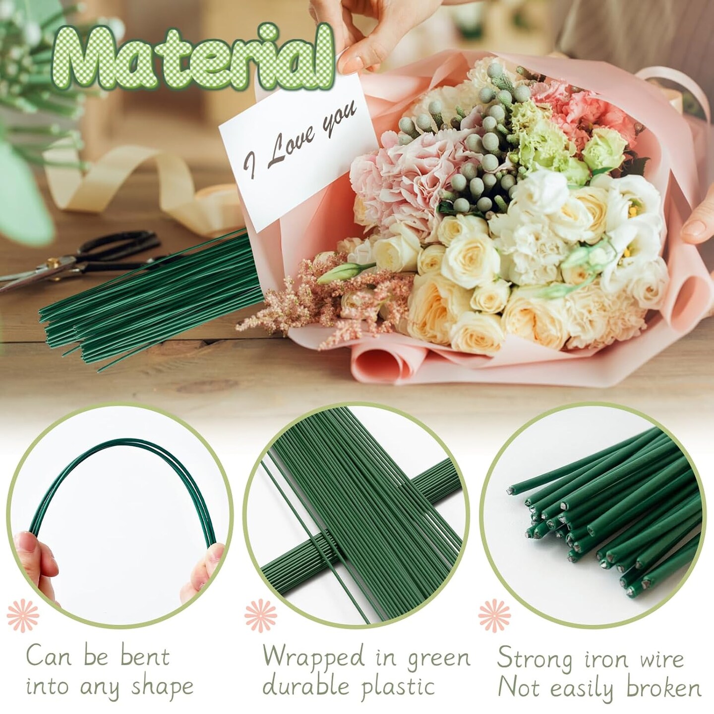 100 Pcs Floral Stems Wire for Paper Flower,14 Inch 2 Gauge Dark Green Floral Stem Wire,Crafting Floral Stem for Flower Arrangements DIY,Bouquet Stem Wrapping and Crafts