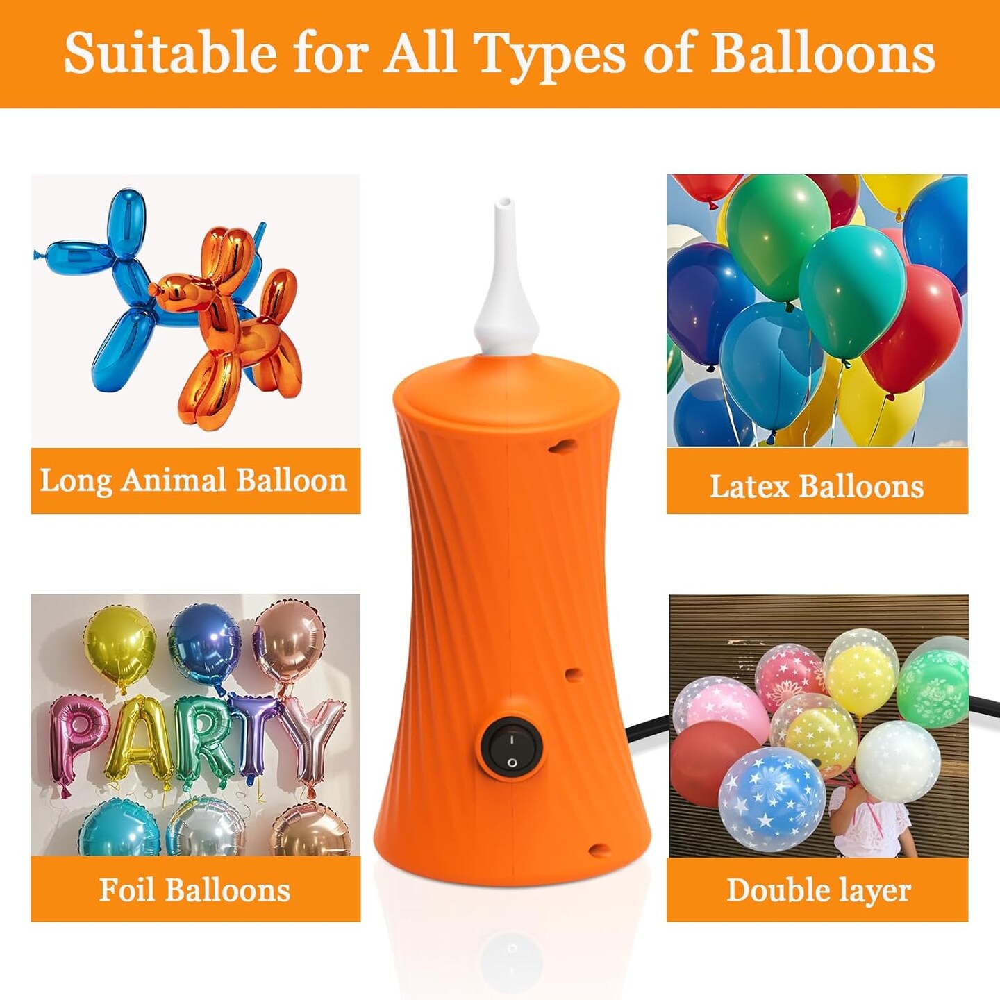 Electric Air Balloon Pump, Portable Long Animal Balloon Pump Electric Blower Machine Blue/Orange/Pink 110-120V 30W Balloon Electric Pump Inflator for Party/Wedding/Birthday Decorations