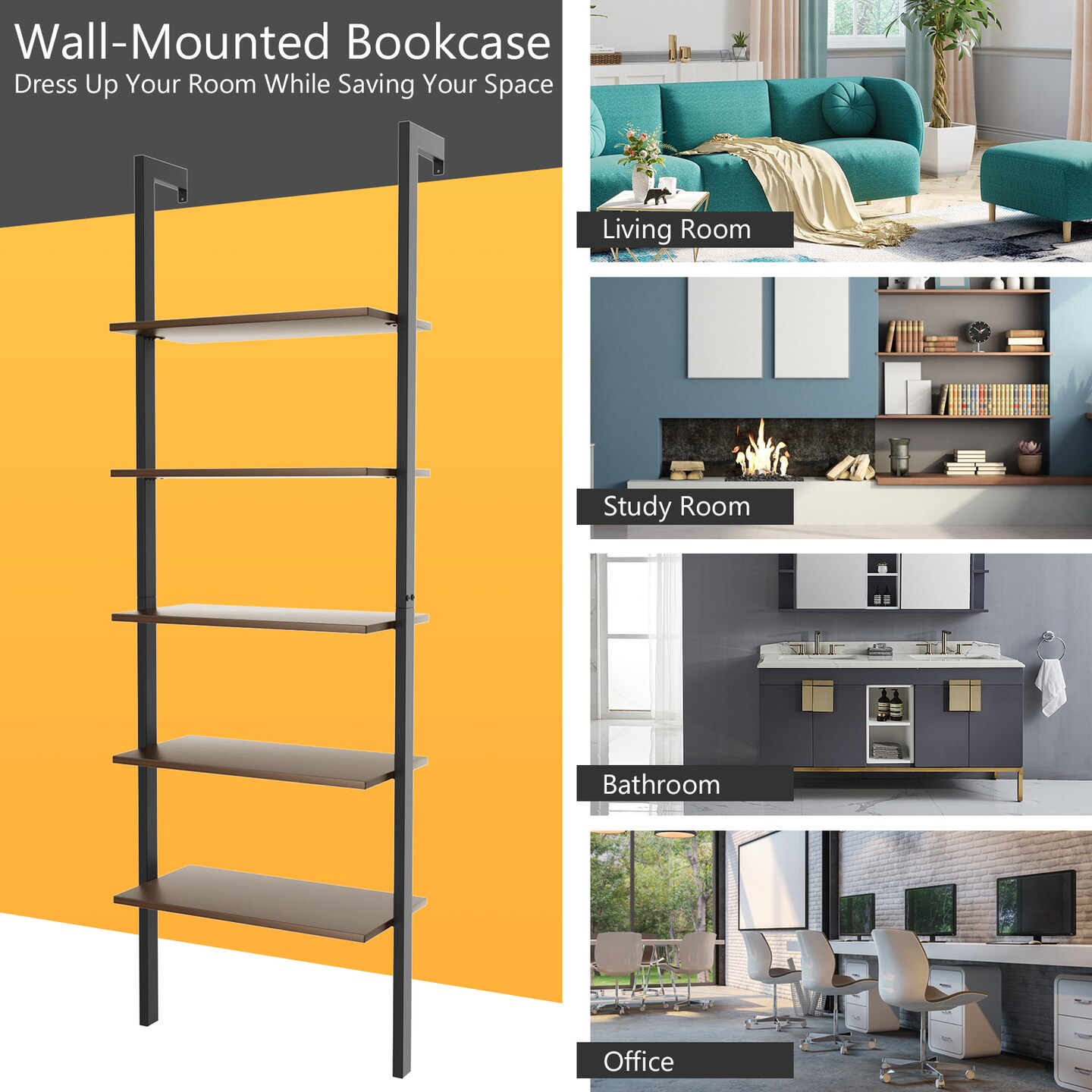 Steel Ladder Bookshelf, 5-Tier Wall-Mount Shelf Organizer for Home