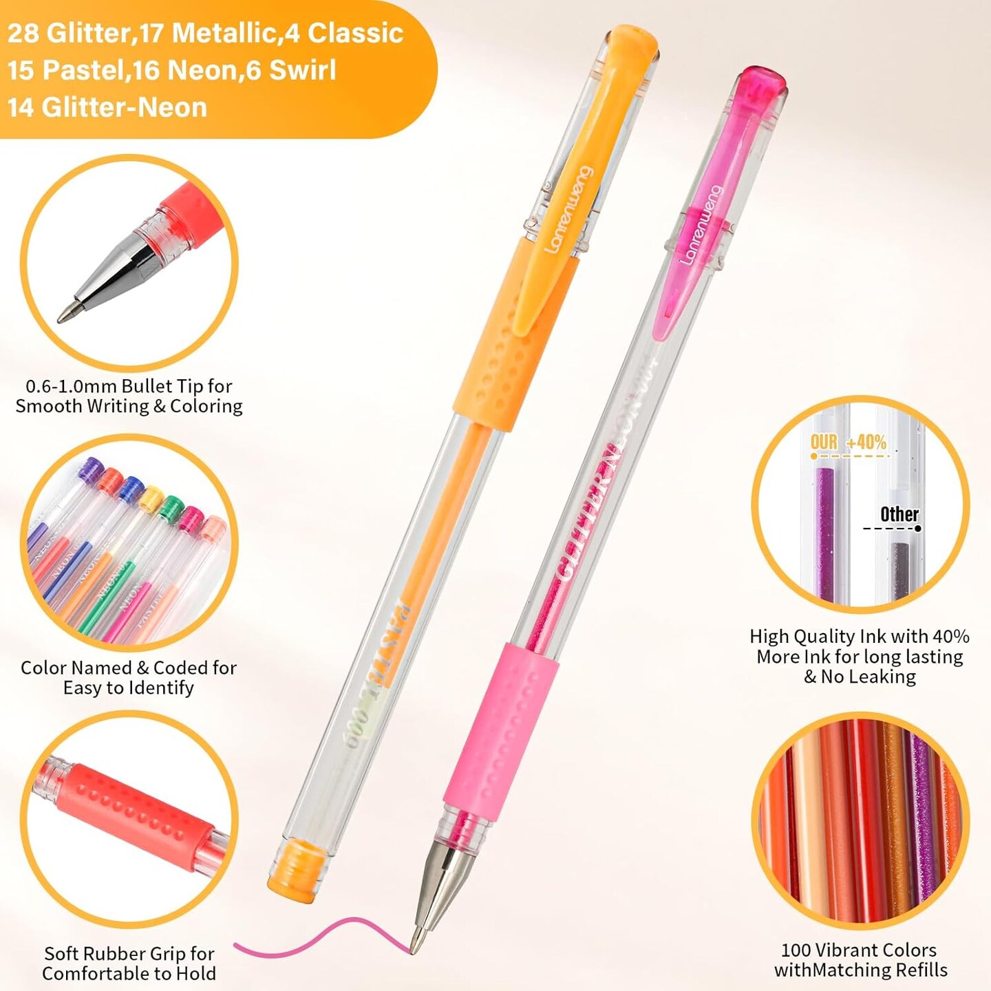 200 Pack Gel Pen Set 100 Colored Gel Pen with 100 Refills,Glitter Gel pens 40% More Ink with Canvas Bag for Kids Coloring Books Drawing Crafts Scrapbooks Journaling Planner