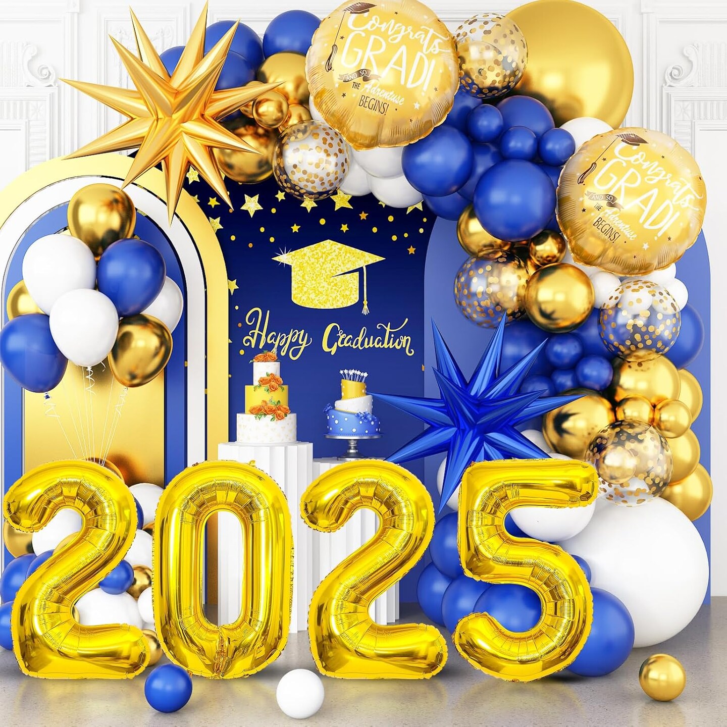 Graduation Balloons Garland Arch Kit, Graduation Balloons Class of 2025, Navy Blue and Gold White Latex Balloons with Graduation Class Foil Balloons for 2025 Graduation Party Decor
