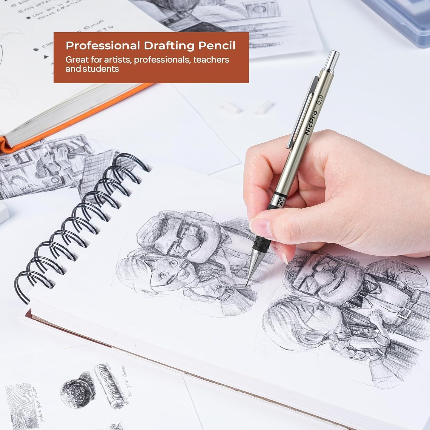 RG1000 0.9 mm Art Mechanical Pencil Set in Storage Case, 3 PCS Metal Drafting Pencil Lead Pencil with 6 Tube HB Refills, 3 Erasers, 9 PCS Eraser Refills for Artist Writing, Drawing, Sketching