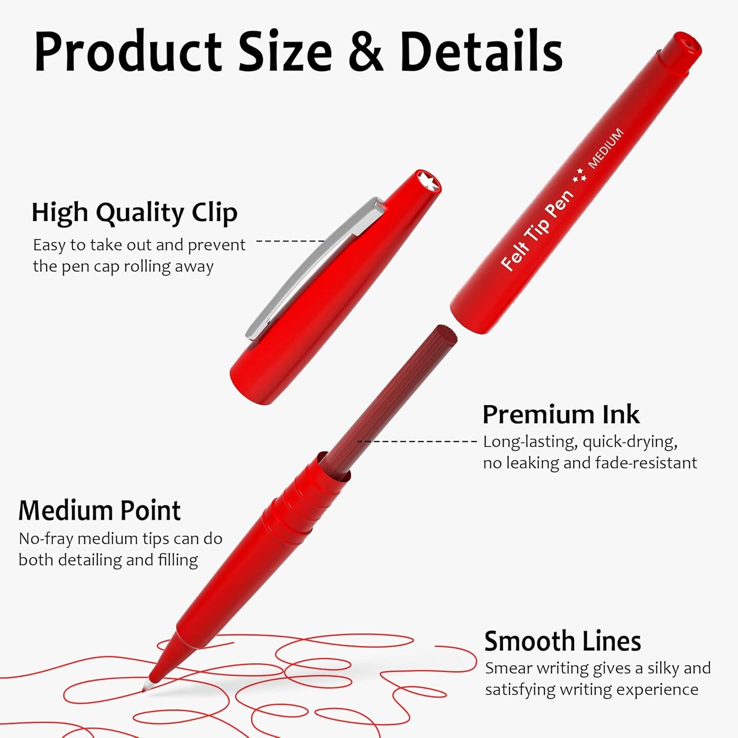 Felt Tip Pens, 30 Red Pack, 0.7mm Medium Point, Felt Tip Markers Pens for Journaling, Writing, Note Taking, Planner, Perfect for School Office and Art Supplies