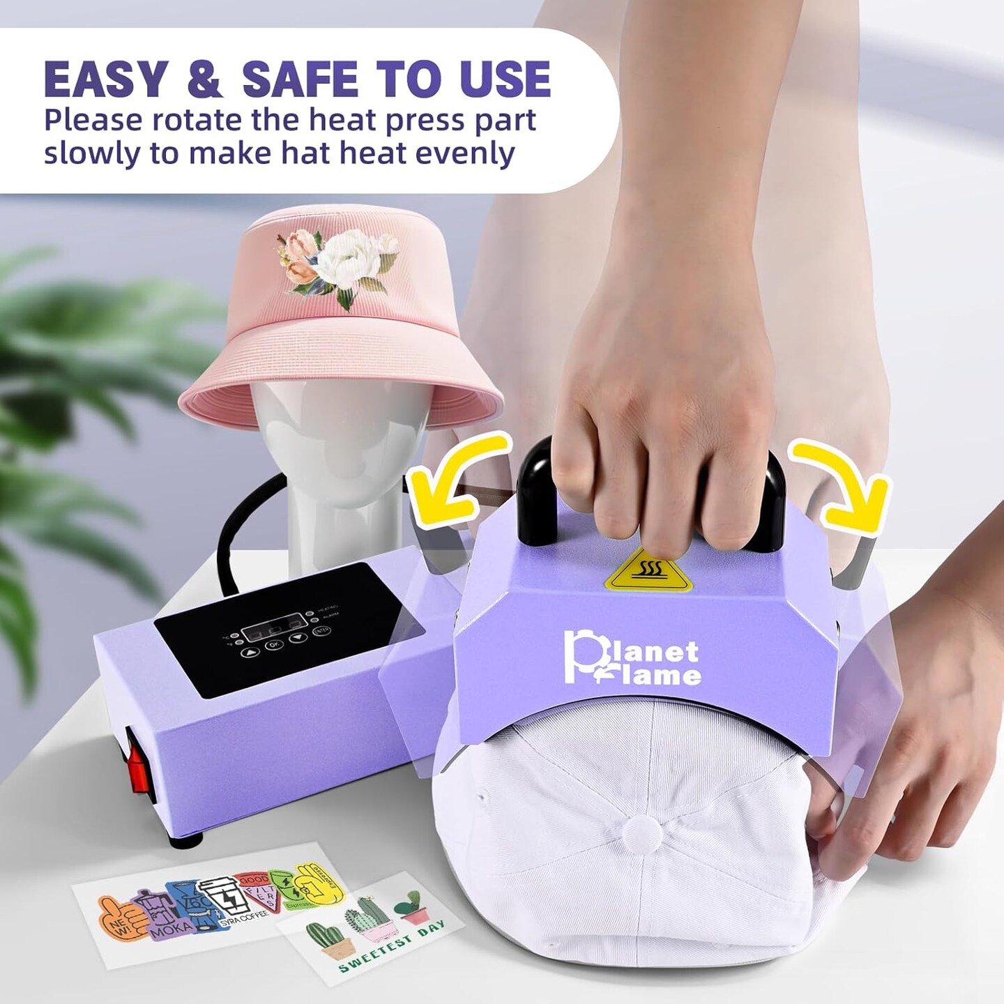 Hat Press, Mini Hat Press Heat Machine for Caps Hats with 5.4&#x22; * 3.1&#x22; Curved Teflon Coated Heat Plate &#x26; Safety Base for Heat Transfer Vinyl, Sublimation and DIY Projects, Purple