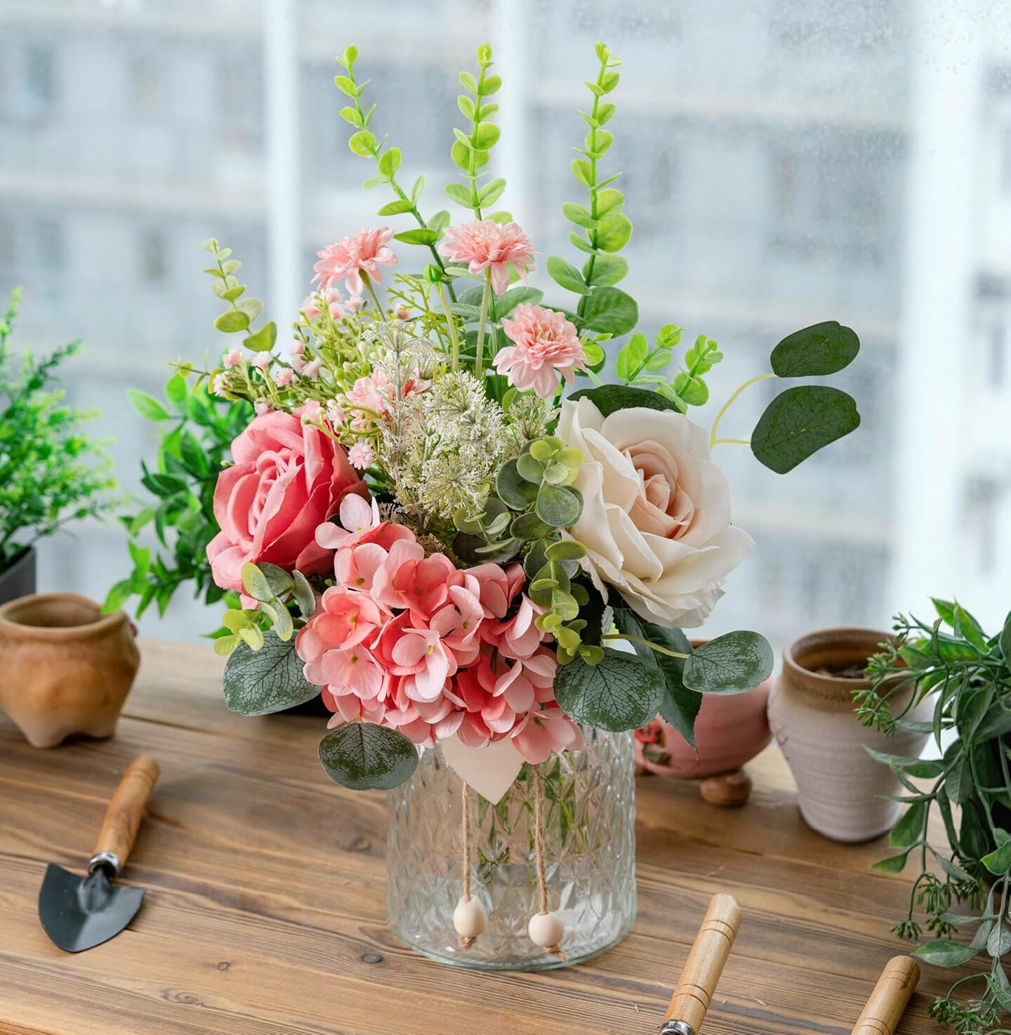 Fake Flowers with Vase, Pink Hydrangea Artificial Flowers in Vase Faux Rose Flowers Arrangement Suitable for Home Kitchen Living Room Fall Spring Decor Office Decoration, Centerpiece Table Decorations