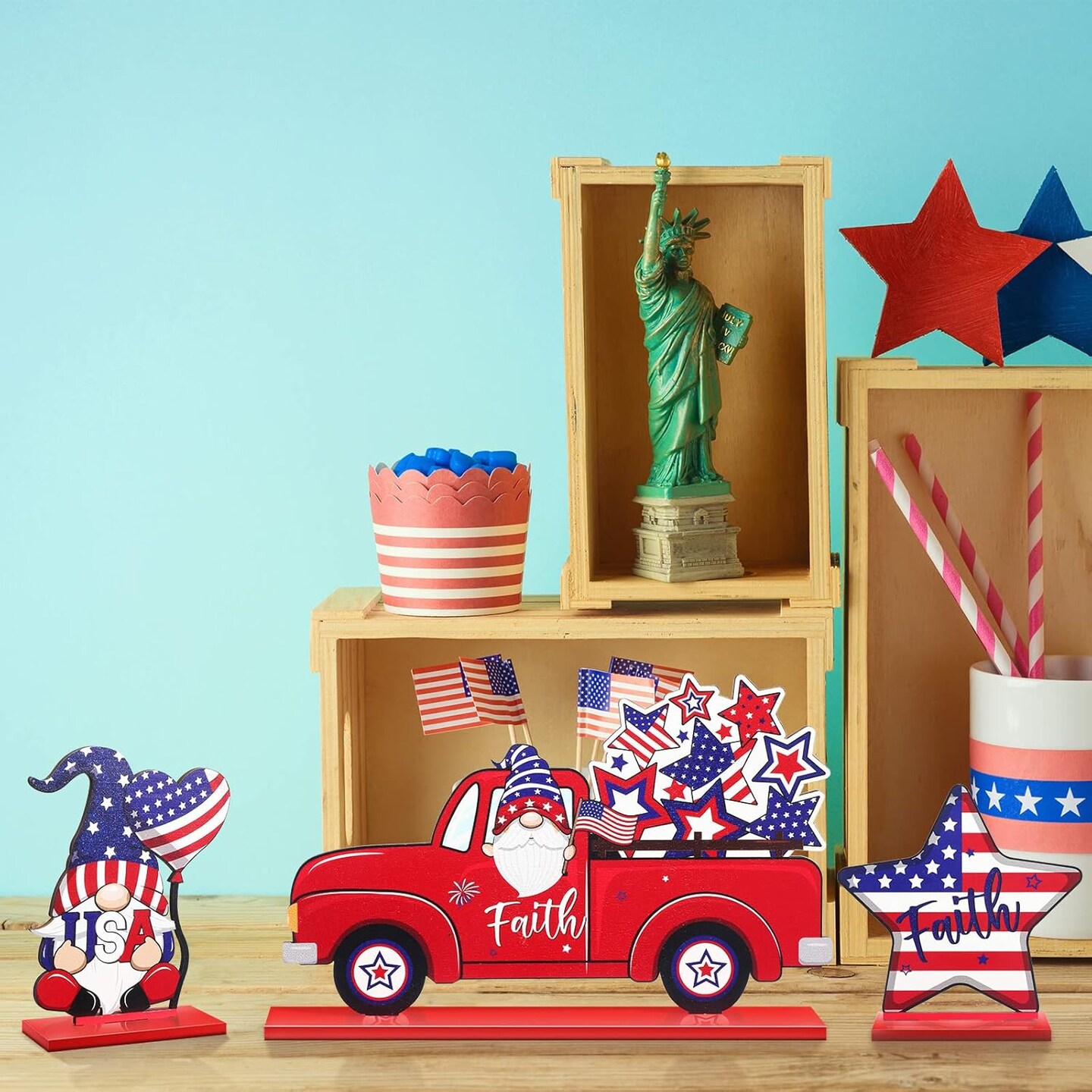 6 Pieces Patriotic Table Decor Memorial Day Table Decorations Wooden Gnome Freedom Truck Star 4th of July
