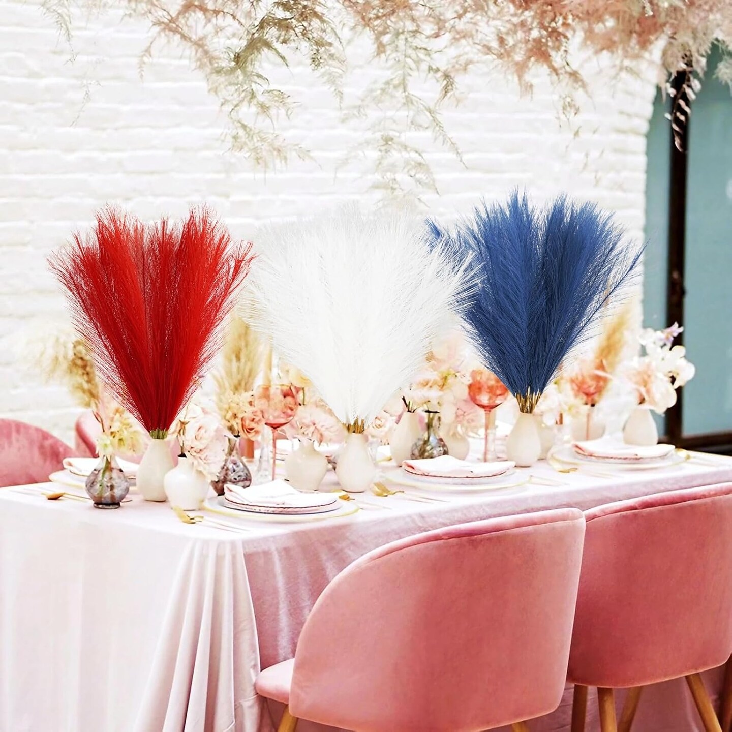 30pcs 4th of July Decorations Faux Pampas Grass, 21.6in Red White and Blue Artificial Pompous Grass Patriotic Fake Pampas Stems Vase Filler for Home Table Independence Day Memorial Day