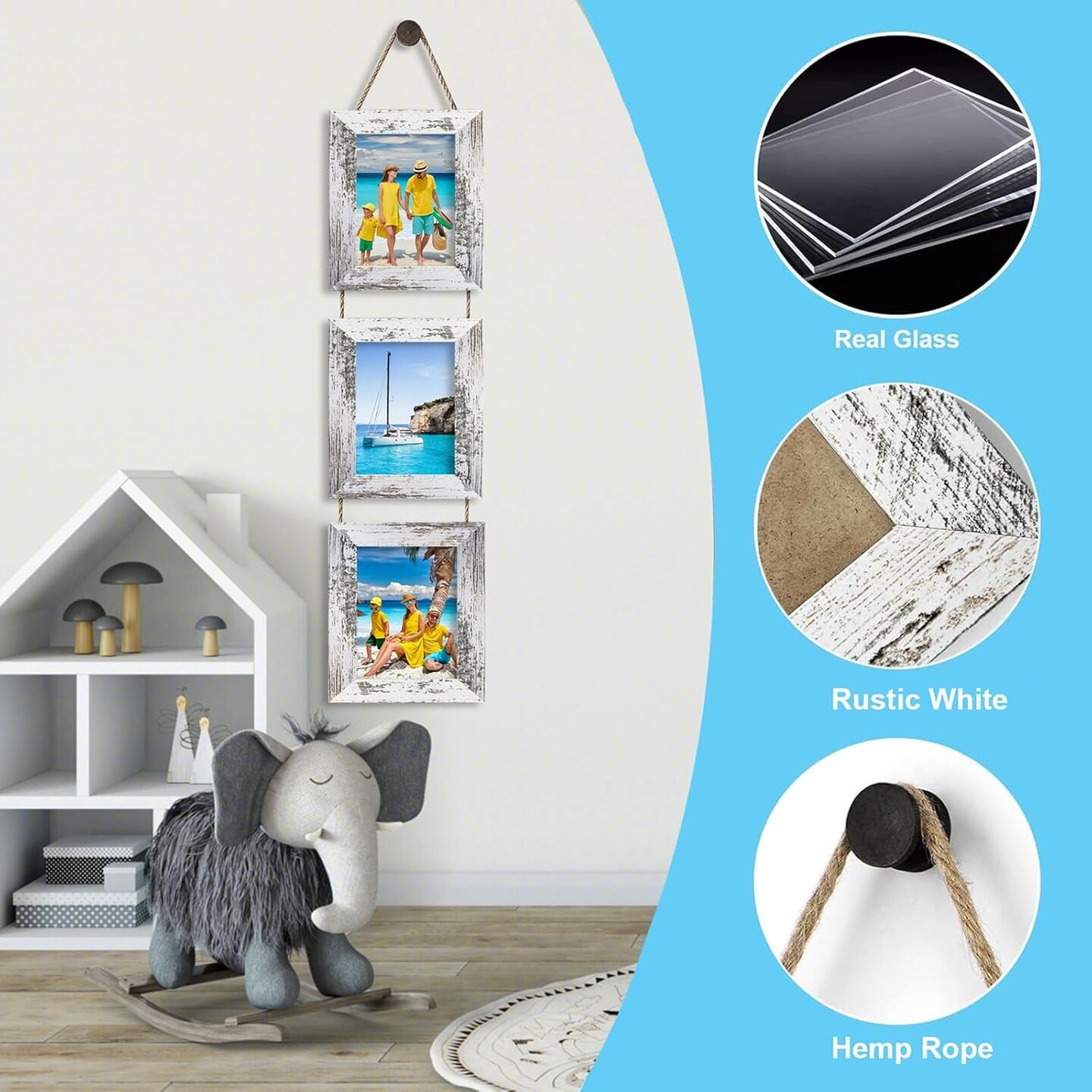 Picture Frames, 4x6 Picture Frames Collage Wall Decor, Wall Hanging Picture Frames Collage with 3 Opening, MDF Wood Frames 2 Pack(Rustic White)