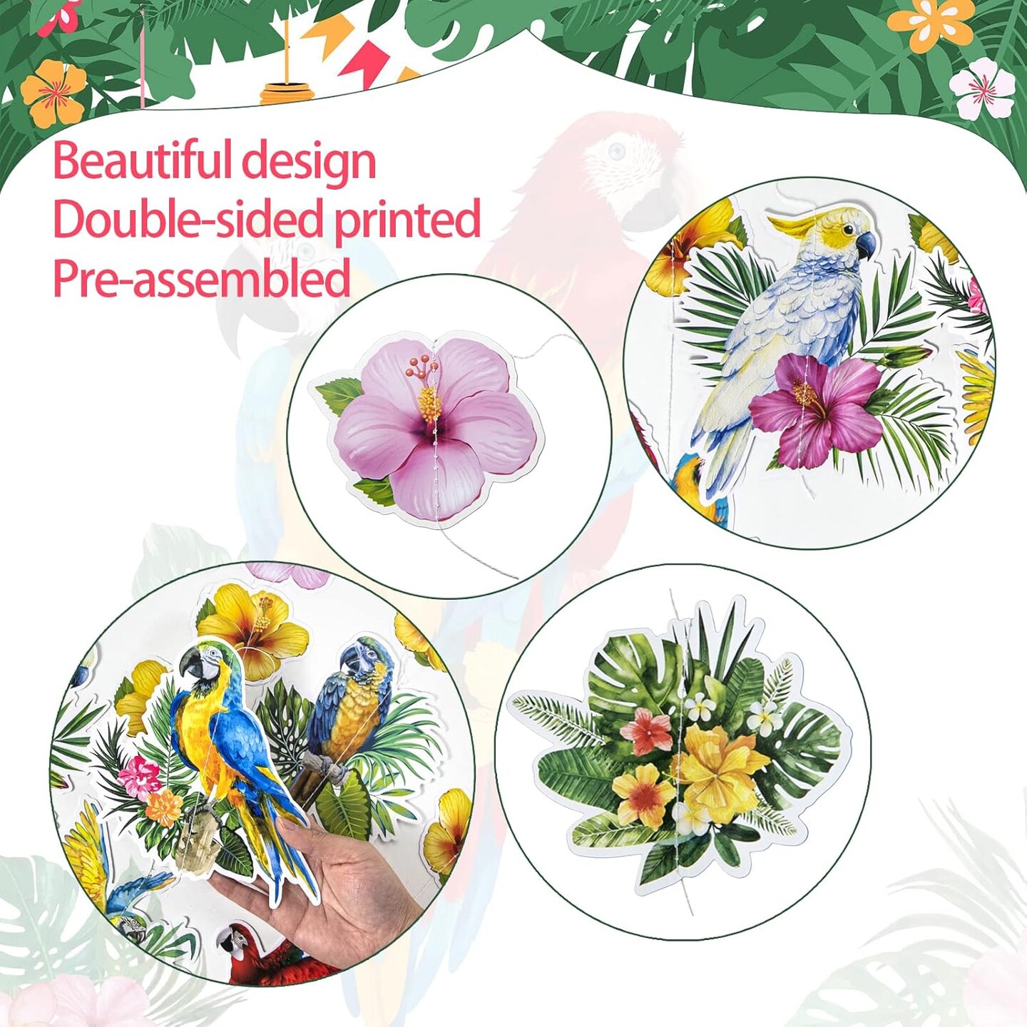 Hawaiian Party Decorations Hawaiian Flower Tropical Birds Garland Door Decorations Hanging Banner Summer Floral Parrot for Beach Pool Luau Tiki Jungle Party Decor