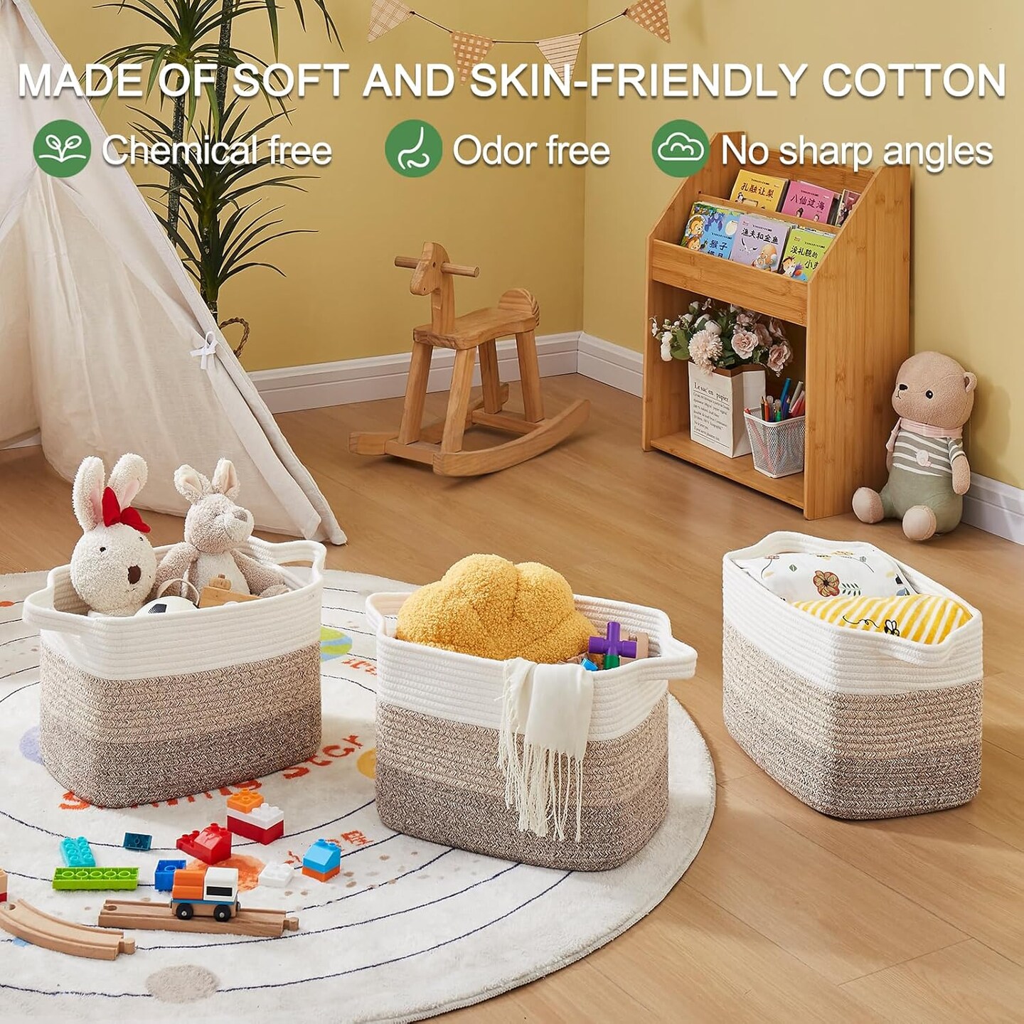 Summer basket Storage Baskets for Organizing, Woven Baskets for Shelves, Rectangle Decorative Organizer for Storage Clothes, Toy, Books, Towels Nursery Bins 3 Pack (Gradient Yellow)