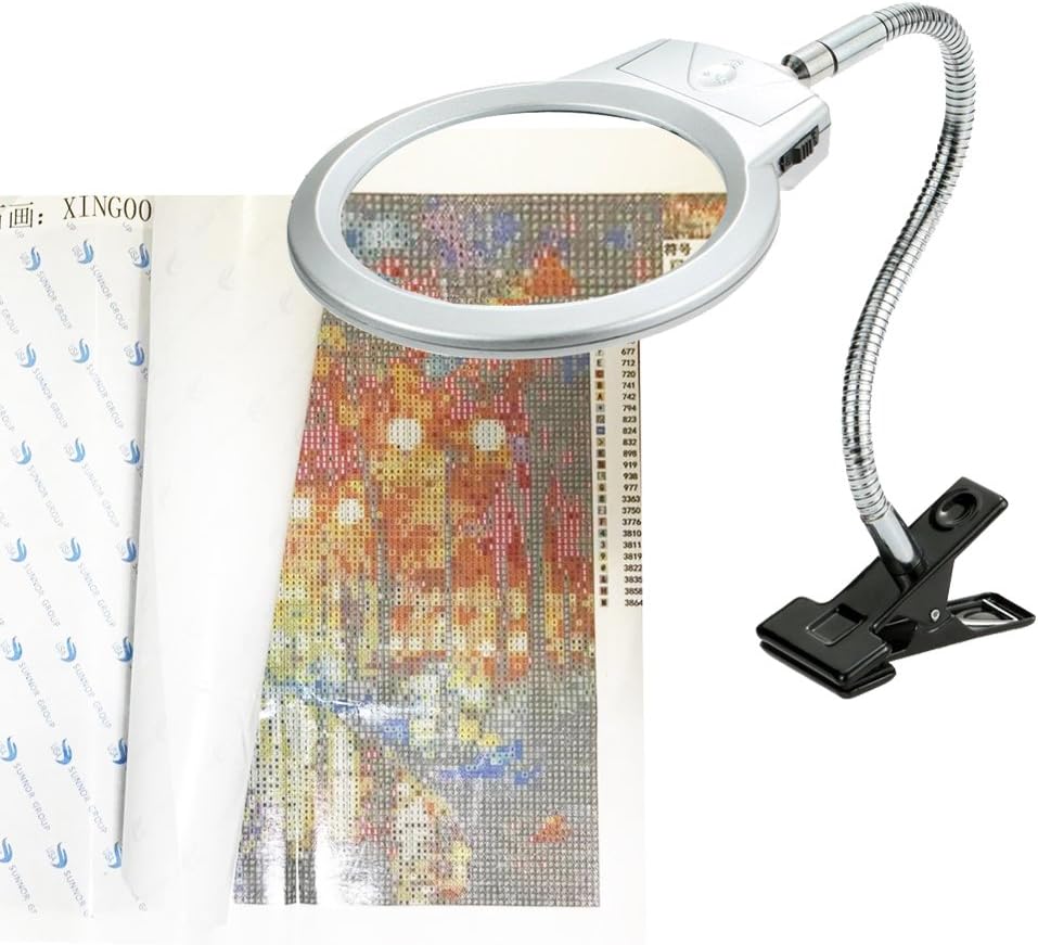 5D Diamond Painting Tools Magnifier LED Light with Clamp, Folding Design with 1 Glass Lens 4X & 6X Magnifier