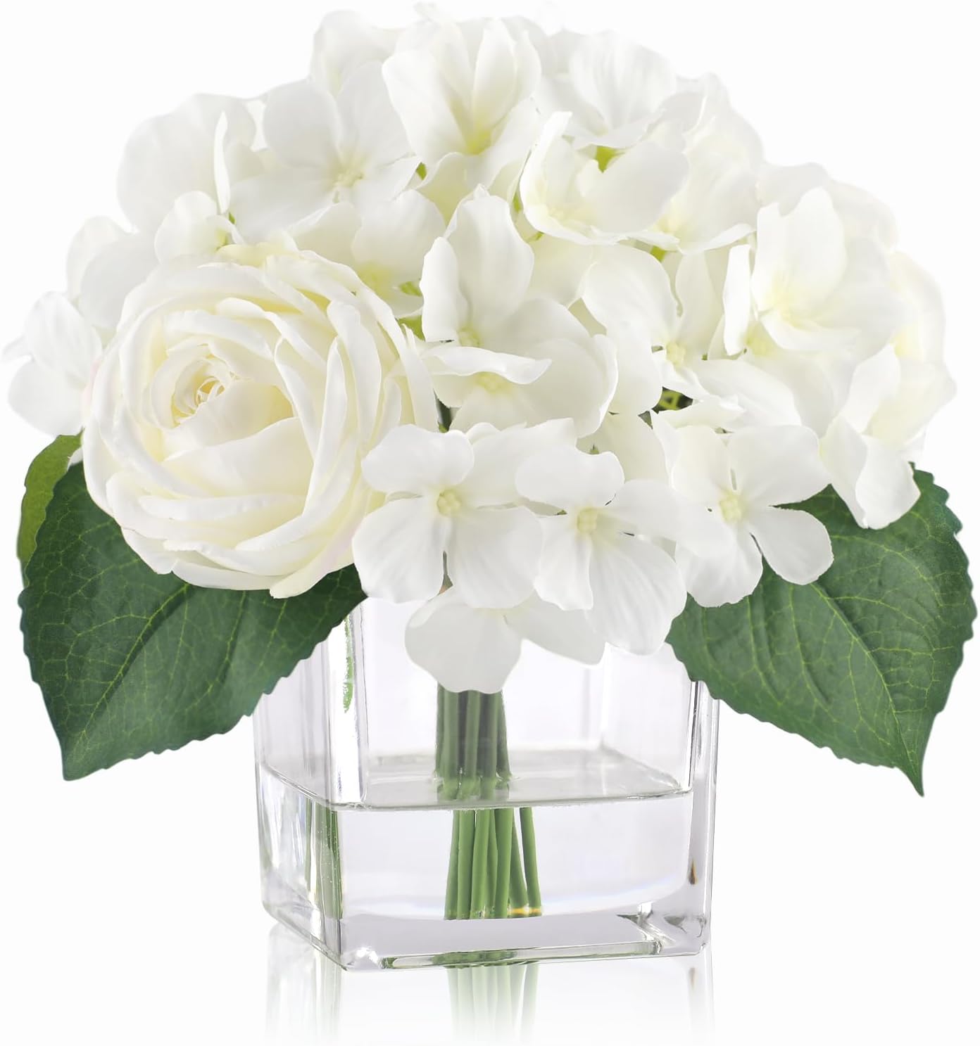 White Silk Hydrangea & Rose in Glass Vase – Faux Flowers Decor