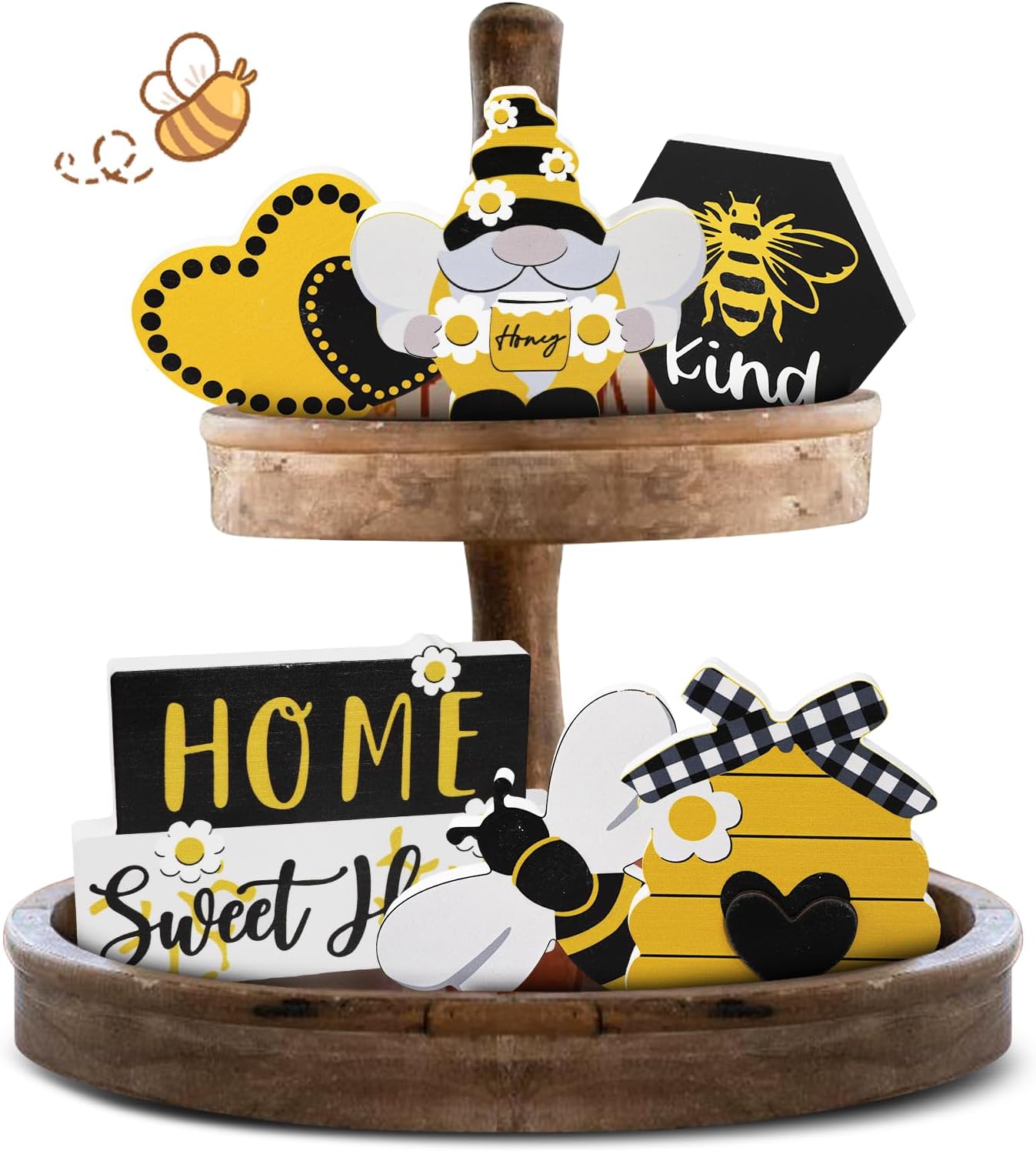 Summer Bee Tiered Tray Decor Set Honey Bee Decor Wooden Signs Farmhouse Sunflower Bee Mini Wood Tabletop Decorations for Home Kitchen