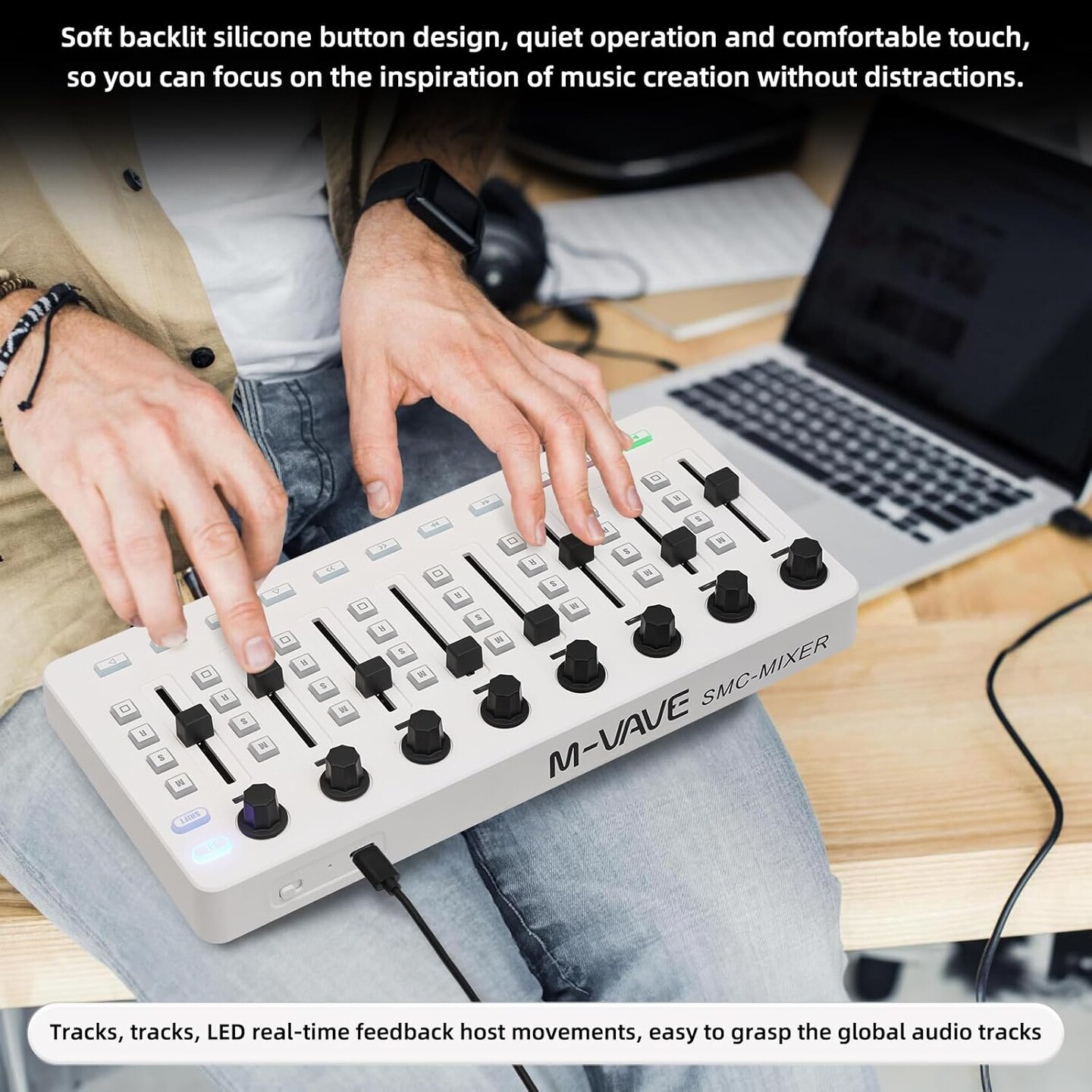 M-WAVE – Wireless MIDI Controller – Bluetooth USB MIDI Mixer with 8 Knobs, DAW Integration