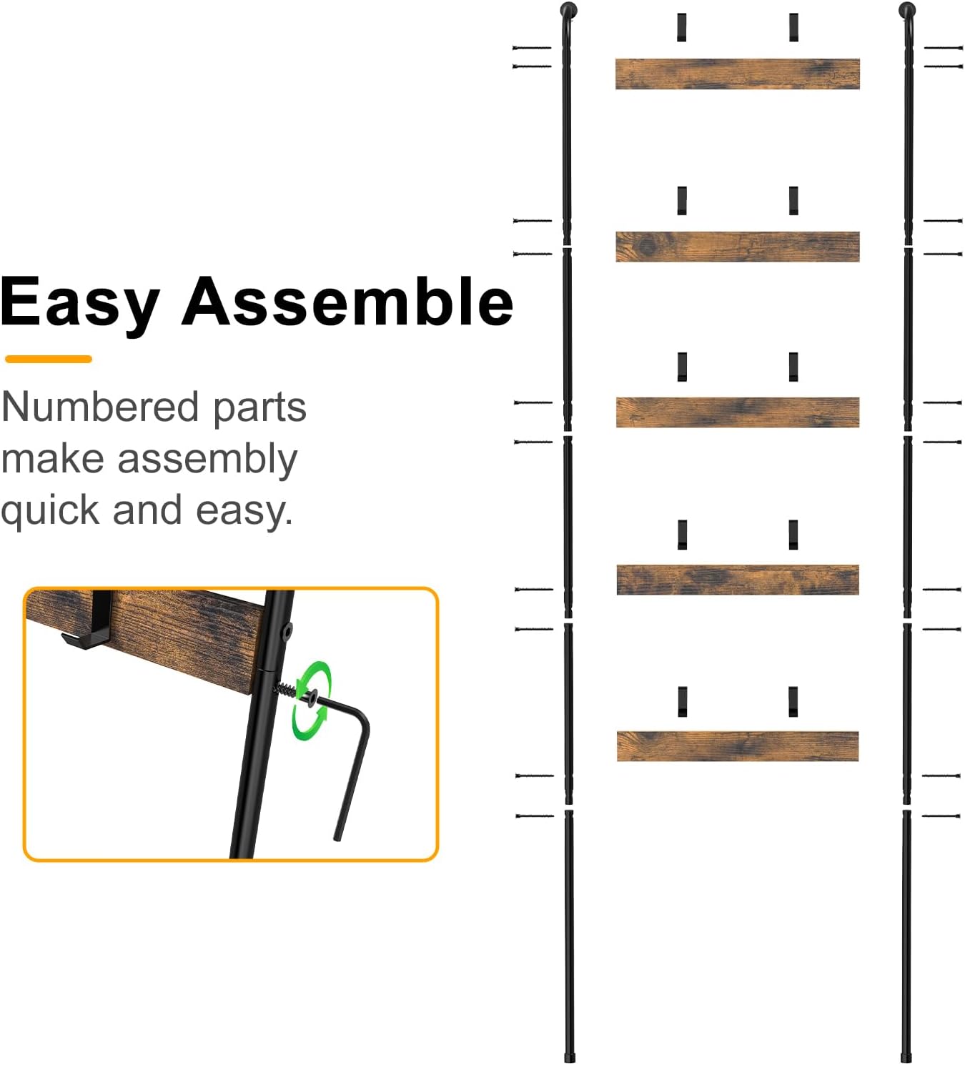 5-Tier Blanket Ladder with 10 Removable Hooks - Rustic Brown Wall-Leaning Towel Rack Organizer for Living Room, Bedroom, Bathroom Decor