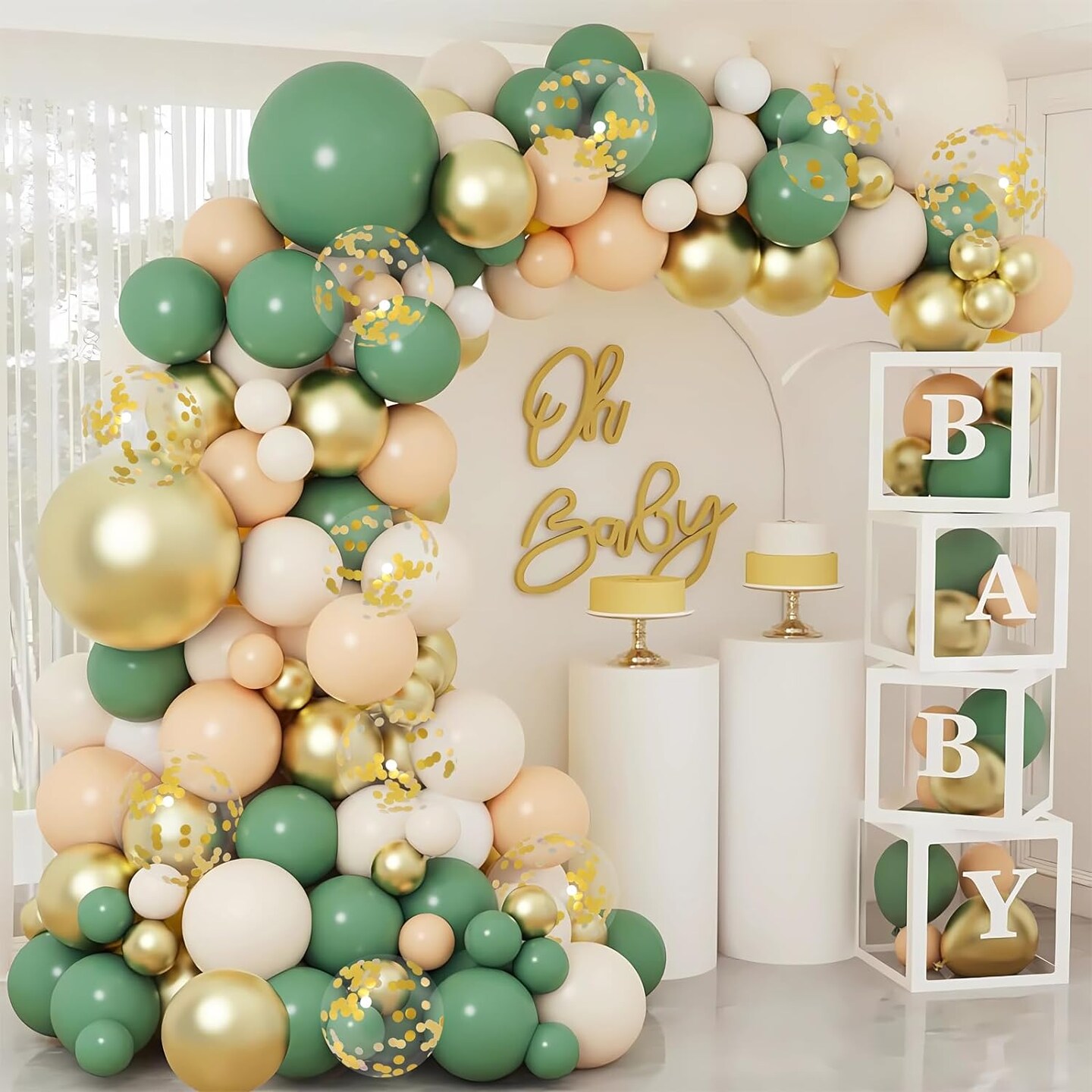 Sage Green Baby Shower Decorations for Boy or Girl - 136pcs Baby Shower Decor, Baby Shower Balloon Boxes with Green Gold Balloon Arch Garland Kit