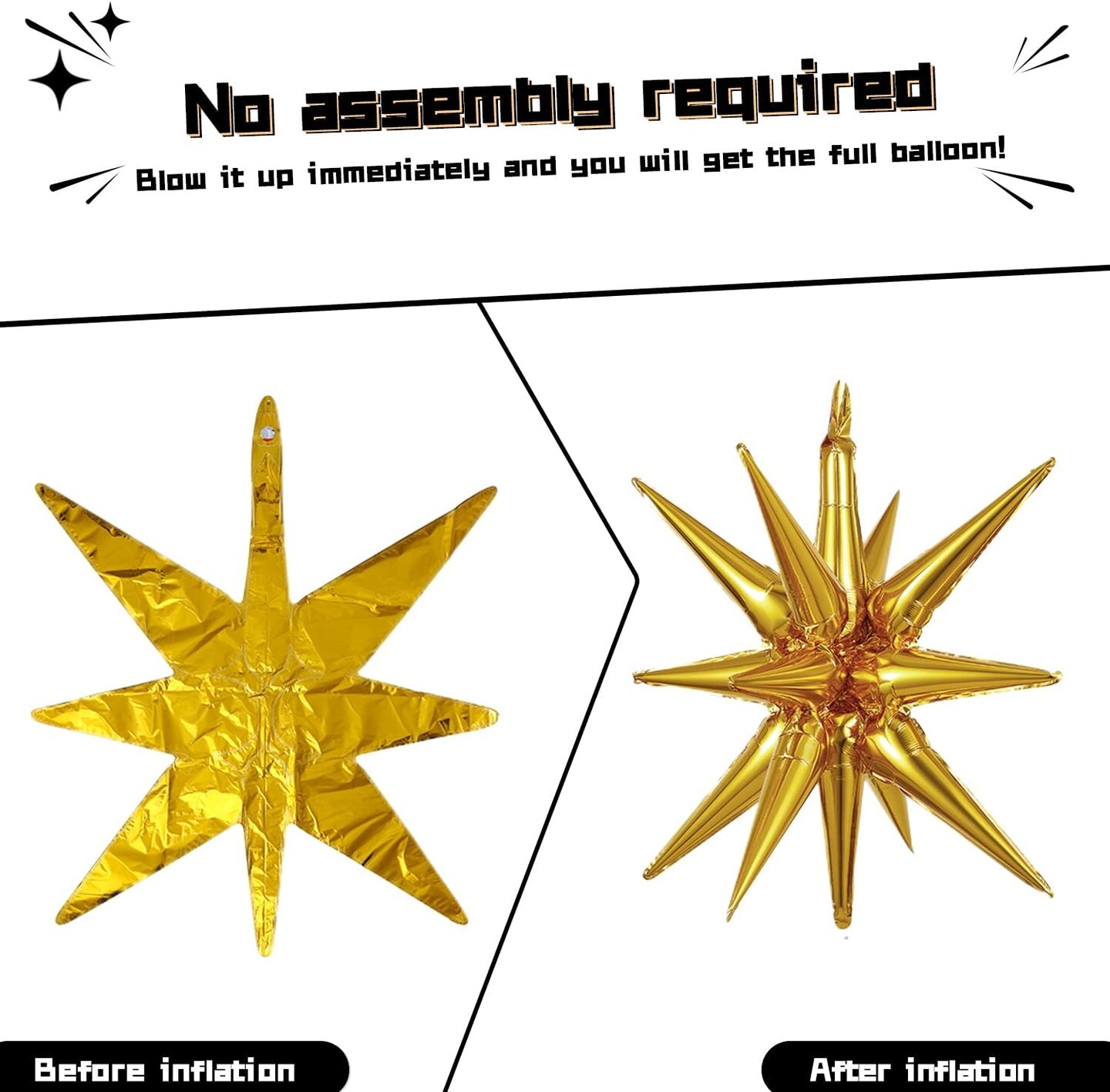 6Pack Star Foil Balloons Gold Explosion 14 Point Cone Balloons Magic Starburst Balloons Large for Wedding Anniversary Backdrop Birthday Party Decorations(27&#x26;22 inch)