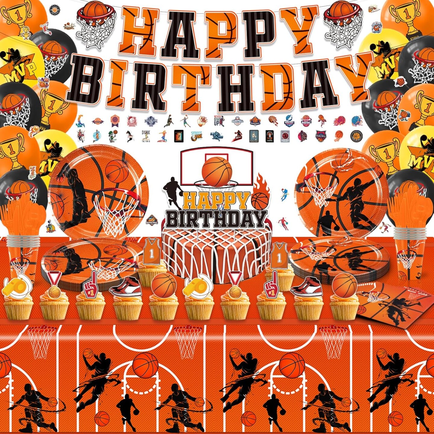 Basketball Party Decorations, Basketball Birthday Party Supplies Kit&#xFF0C;Including Sport Themed Birthday Plates Tablecloth Napkin Banner Basketball Garland Cupcake Toppers Balloons Stickers Set