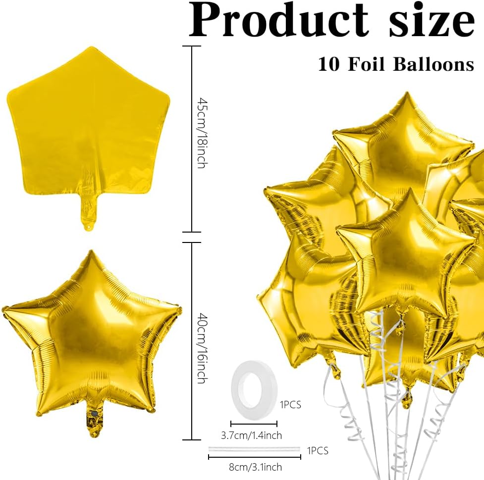 Star Balloons, 18 Inch Foil Balloons, 10 PCS Star Balloons Foil, Gold Star Foil Balloons Set Mylar Balloons Gold Balloons Star for Birthday Party Anniversary Wedding Baby Shower New Year Decorations