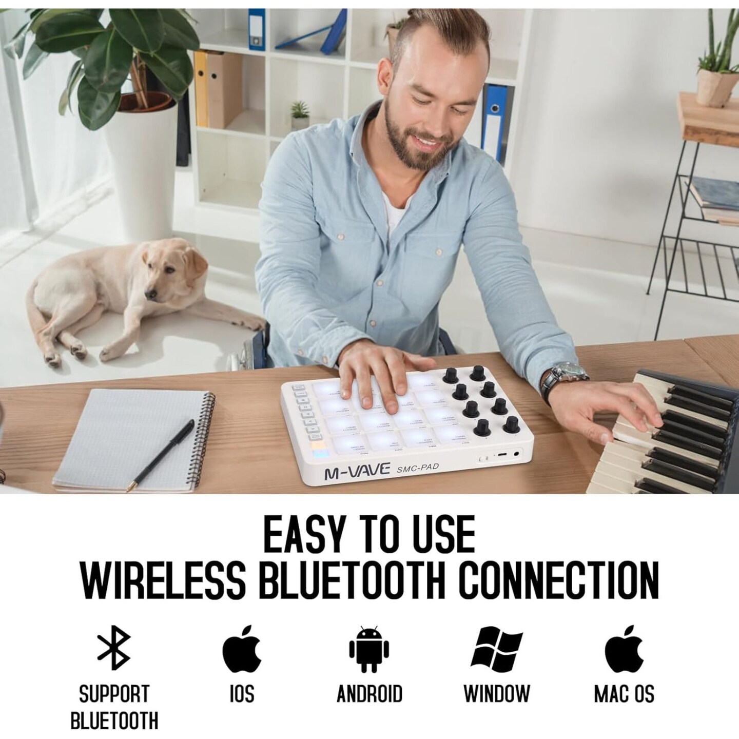M-Wave Midi Controller &#x2013; Bluetooth USB Pad &#x2013; 16 Drum Pads, 8 Knobs, Rechargeable, DAW Compatible