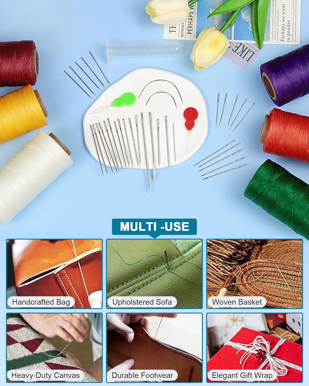 Leather Upholstery Sewing Waxed Thread: 218 Yards 210D Wax String Set with 30Large Eye Hand Sewing Needles,2 Curved Needle and 2 pcs Needle threaders