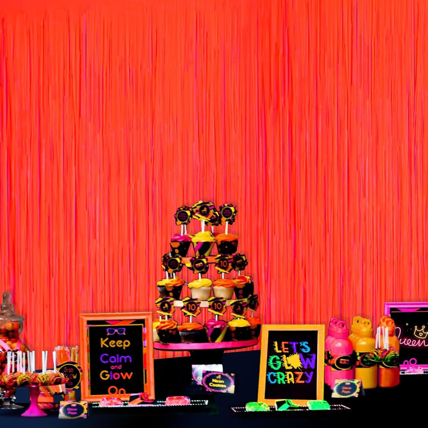 Glow in The Dark Party Supplies, 2 Pack Neon Party Decorations 6.6 x 6.6 ft Fluorescent Macaron Orange Tinsel Foil Fringe Curtains, Photo Booth Prop Backdrop Streamer, Birthday Party Decor