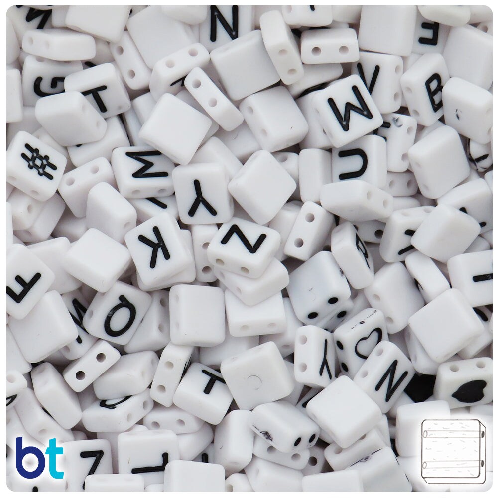 BeadTin White Opaque 8mm Square Plastic Alpha Beads - Black Letter Mix (150pcs)