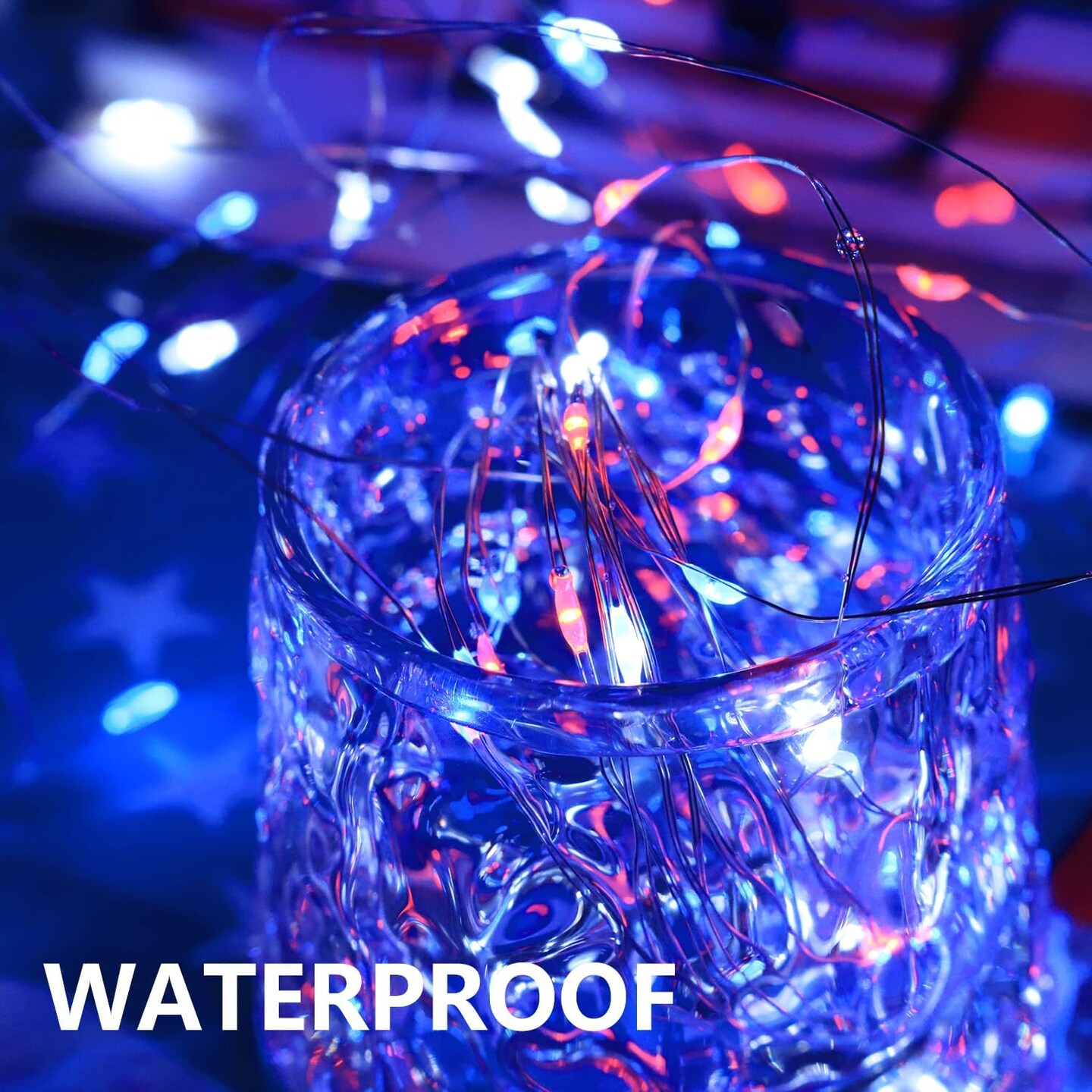 4th of July Decorations Fairy Lights - Red White Blue String 100LED Copper Battery Operated Remote Control Patriotic for Independence Memorial Day - 4 Pack