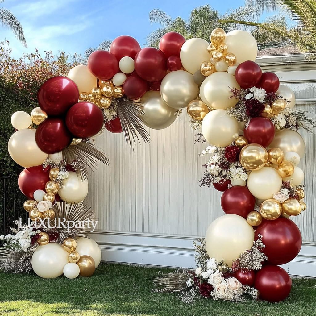 Burgundy Gold Balloons Garland Double Stuffed Wine Red Sand White Metallic Gold Latex Balloons Arch Kit