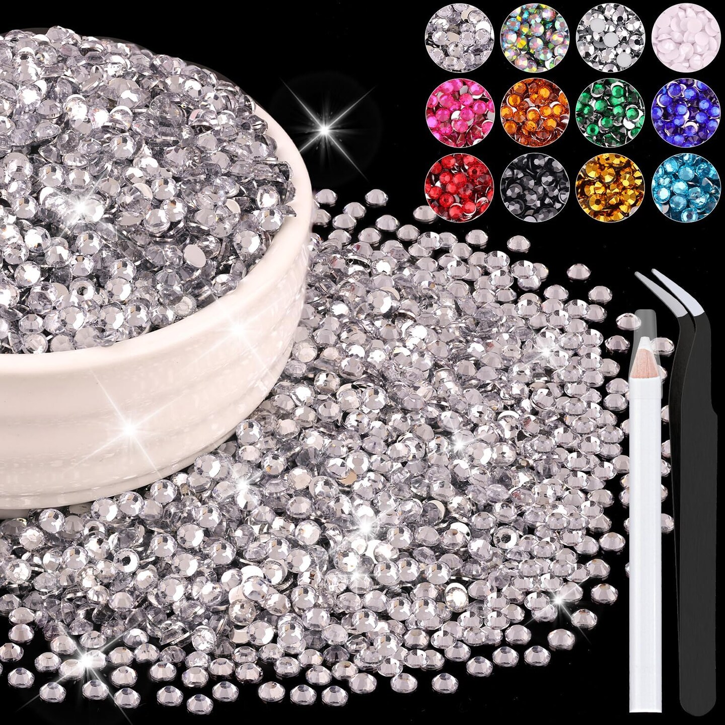8,000pcs 3mm Clear Resin Rhinestones – Flatback Gems for Crafts, Nail Art, Tumblers & Clothing, Includes Pickup Pen & Tweezers