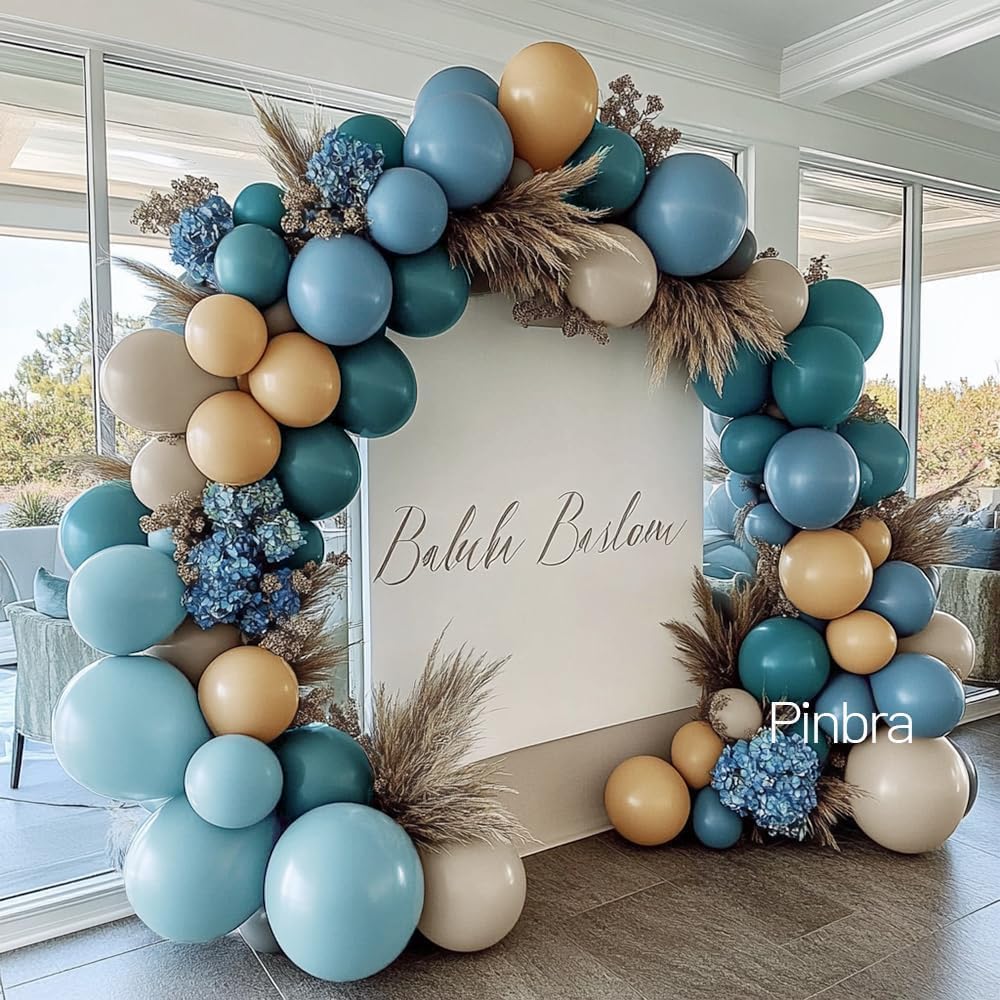 Dusty Blue Tan Balloon Garland Arch Kit, Double Stuffed Neutral Balloons