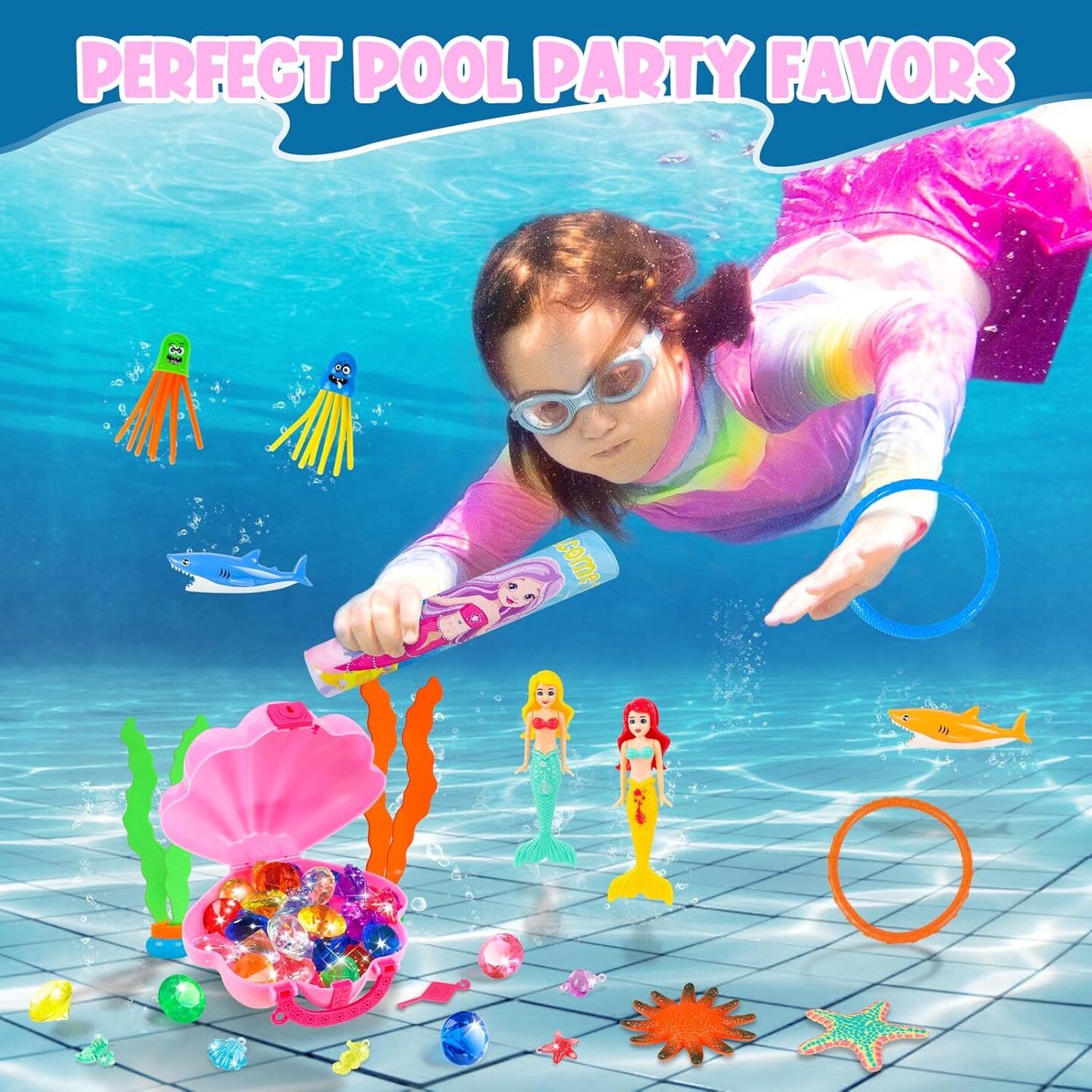 Summer Pool Toys, Swim Diving Toys for Kids Set with Upgraded Shell Treasure Chest, Pool Mermaid with Storage Bag Pool Game Summer Beach Water Birthday Party Gift(Shell Box)