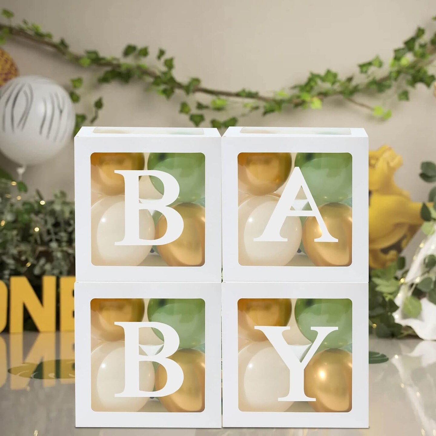 Baby Shower Decorations Boy Girl - 4Pcs Transparent Baby Balloon Boxes and 112Pcs Green White Gold Balloons Arch Kit for Sage Green Baby Shower Decorations