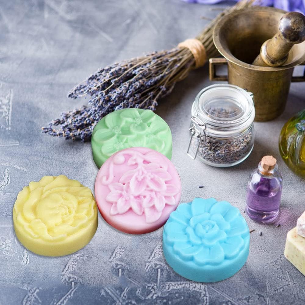 2 PCS Silicone Soap Molds, 4 Cavity Sun &#x26; Moon Face Molds and 4 Cavity Flower Shapes Molds, for DIY Soap