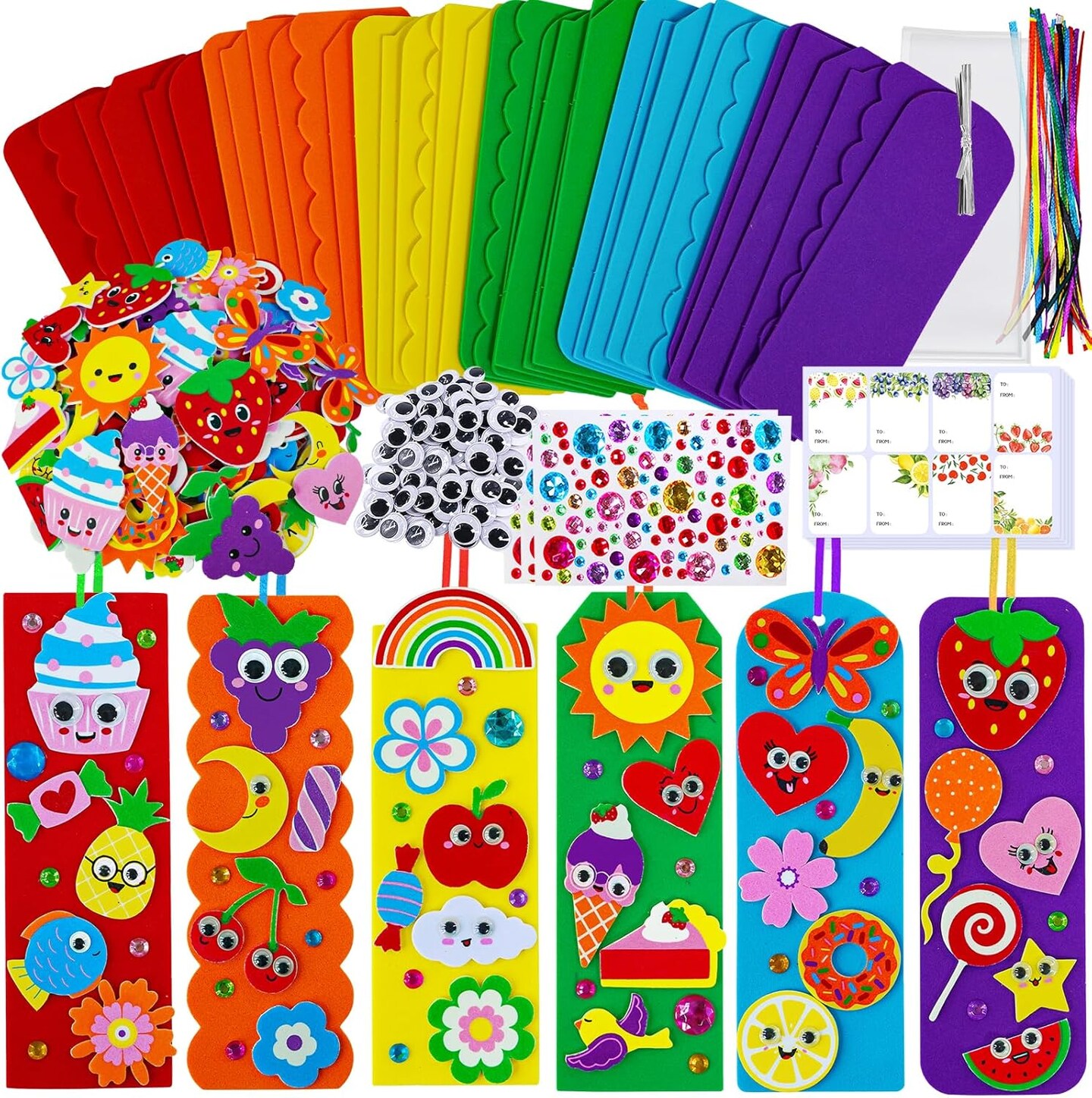 36 Sets Summer Cute Crafts Kits DIY Colorful Whimsical Bookmarks Decorations Art Sets Fruits Sweet Treats Animals Sun Rainbow Foam Stickers