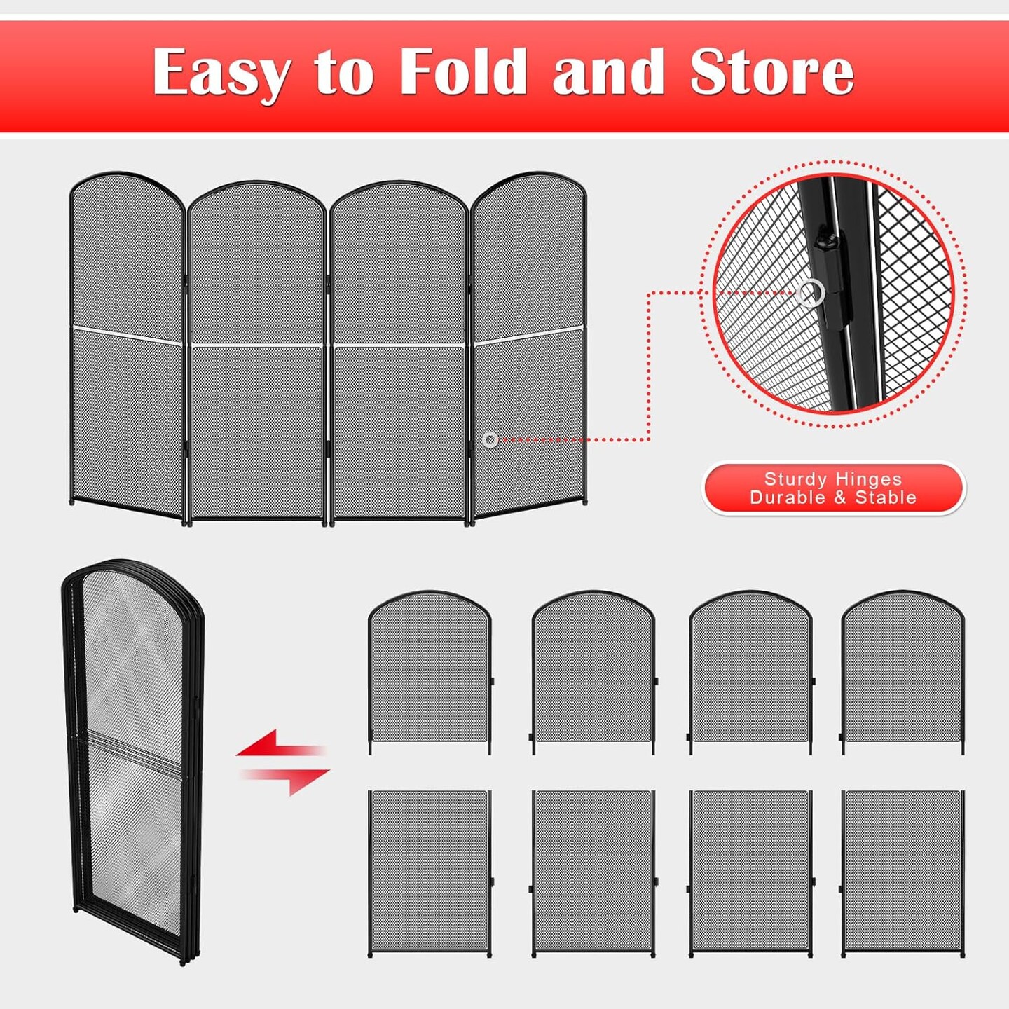 4-Panel Foldable Fireplace Screen Stand - Black Metal Mesh Spark Guard Cover with Decorative Arch Design, 47.8&#x22;W x 31&#x22;H for Indoor Fireplace Protection
