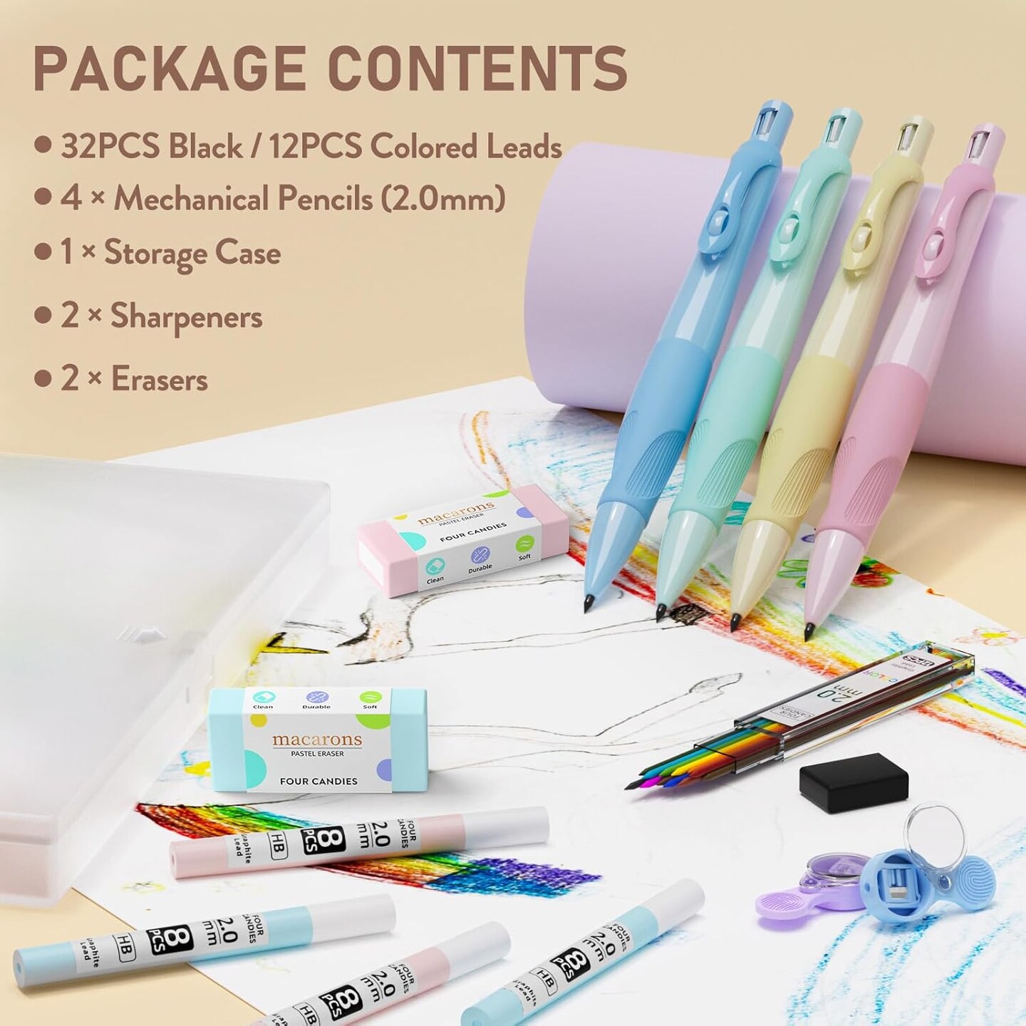 4PCS Thick Barrel Mechanical Pencil with Comfort Grip, 2.0MM Ergonomic Mechanical Pencil with 44PCS Lead Refills, 2PCS Sharpeners/Erasers, Aesthetic School Supplies for Writing Drawing
