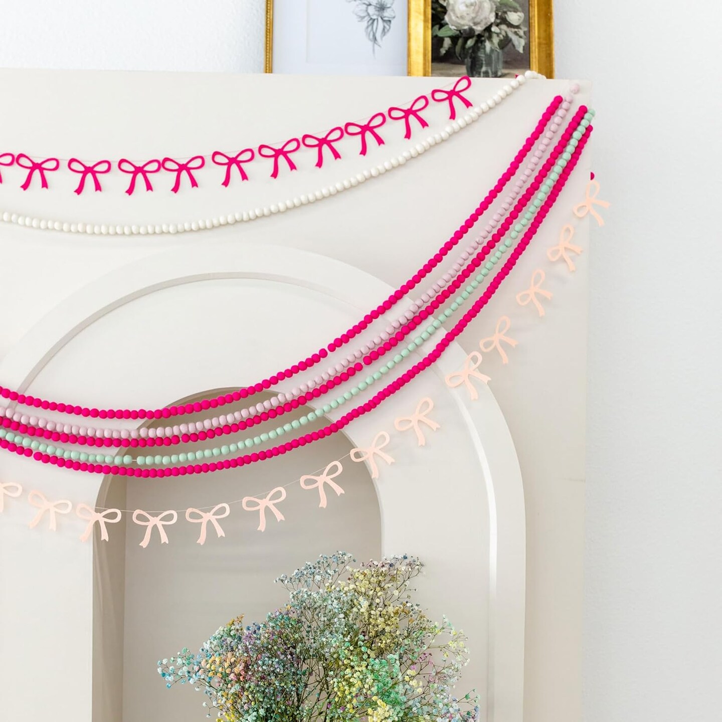 Pink Mini Felt Ball Garland Pom Pom Garland, 6 Feet 115 Wool Balls Bunting for Party Decor, Tree Decor, Easter Banner, Spring Bridal and Baby Showers. (Pink)