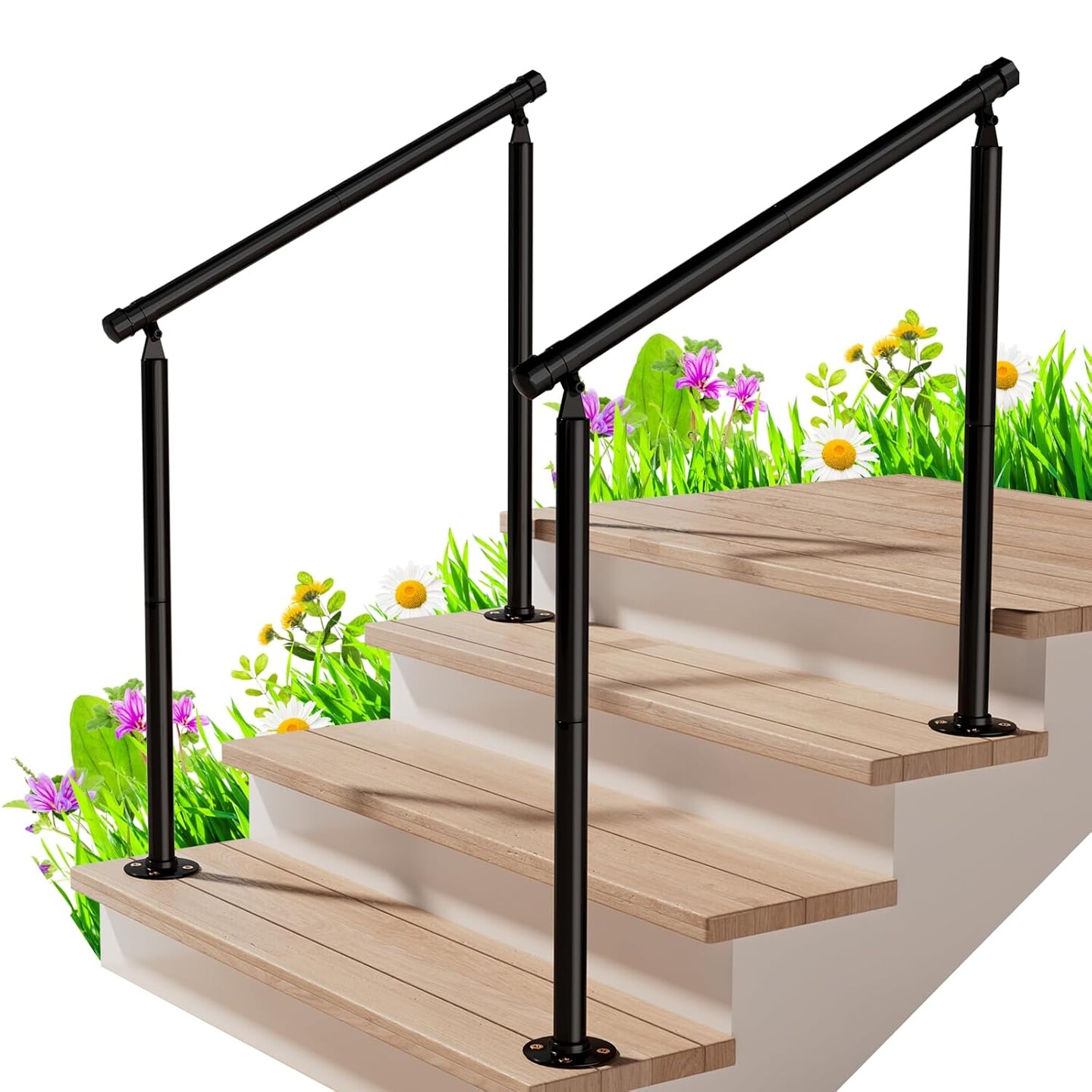2-Pack Outdoor Stair Railing Handrails for 2-3 Steps &#x2013; Heavy-Duty Wrought Iron with Non-Slip Grip &#x26; Installation Kit, 500 lb Capacity (33&#x22;W x 32&#x22;H, Black)