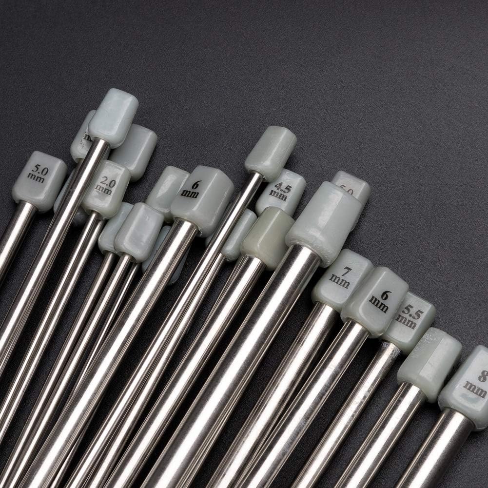 Knitting Needle Set, 22PCS 2mm(B)-8mm(L) Straight Single Pointed Stainless Steel Sweater Needles Set(11Pair-11 Size,9.8 inch) with Locking Stitch Makers Large-Eye Needles Measure Tape (36CM)