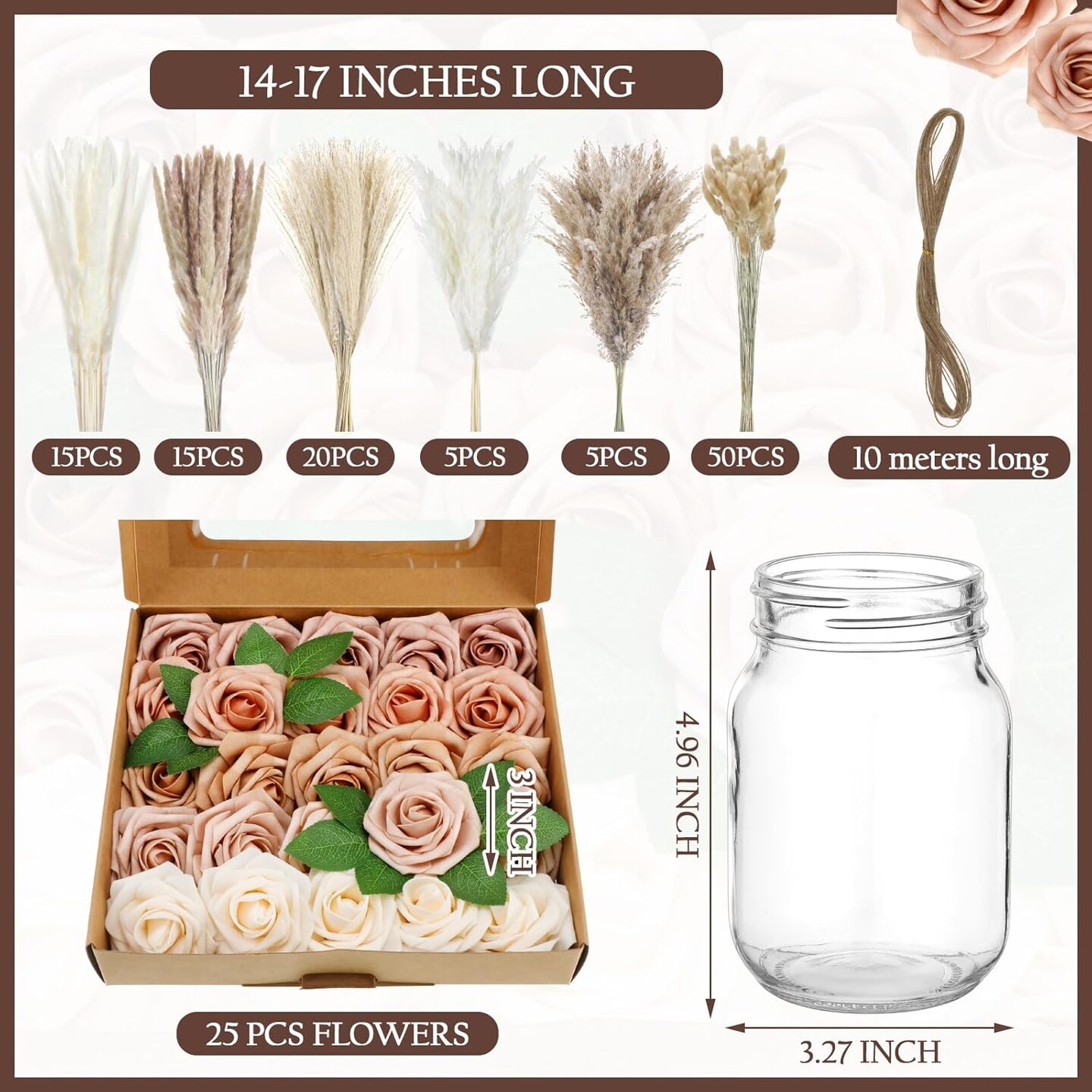 6 Sets 142 Pcs Dried Pampas Grass Table Baptism Centerpieces Boho Pampas Grass Artificial Flower Clear Glass Jars Vase with Rope for DIY Wedding Baby Shower Party Rustic Farmhouse Home Decor