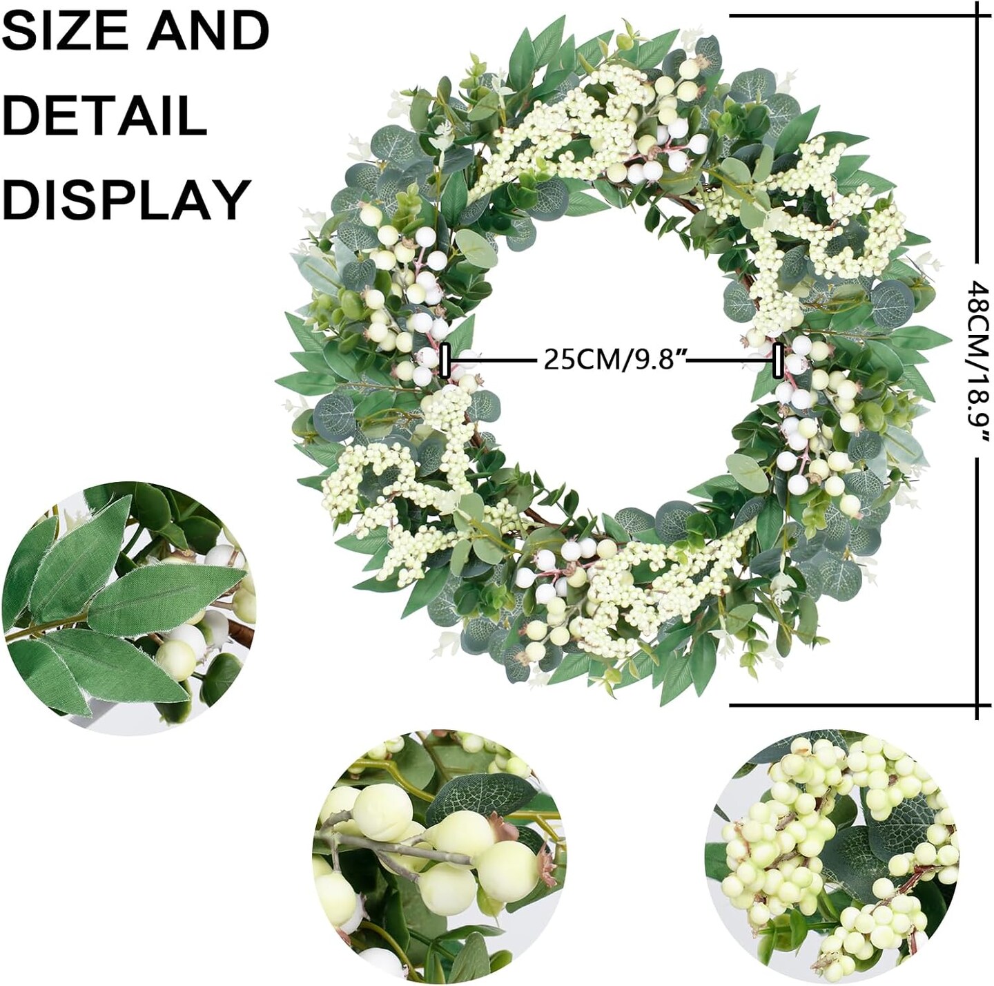 Eucalyptus Wreaths for Front Door, 18Inch Artificial Green Front Door Wreath Summer Porch Decor with Berries for Home Farmhouse Wall Outdoor Decorations.