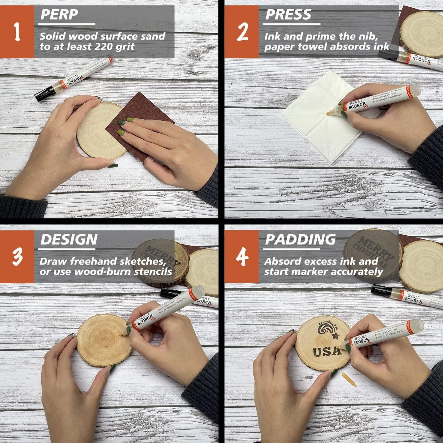 Wood Burning Pen Kit, 4 PCS Scorch Pens Equipped with 4 PCS Replacement Oblique Tip, Chemical Wood Burner Set, Suitable for Beginners of DIY Wood Burning Projects