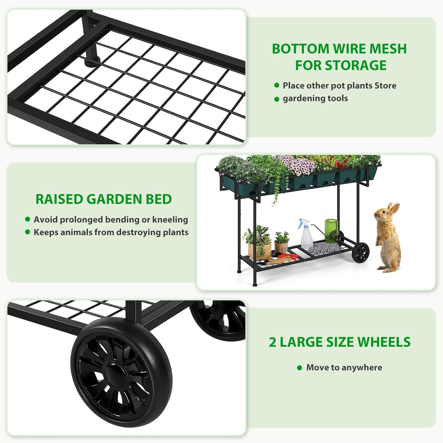 Raised Garden Bed with Wheels &#x26; Storage Shelf - 43x17x29in/109x43x74cm Elevated Planter Box, 6 Individual Planters for Vegetables, Herbs, Flowers (Green, Outdoor/Indoor)