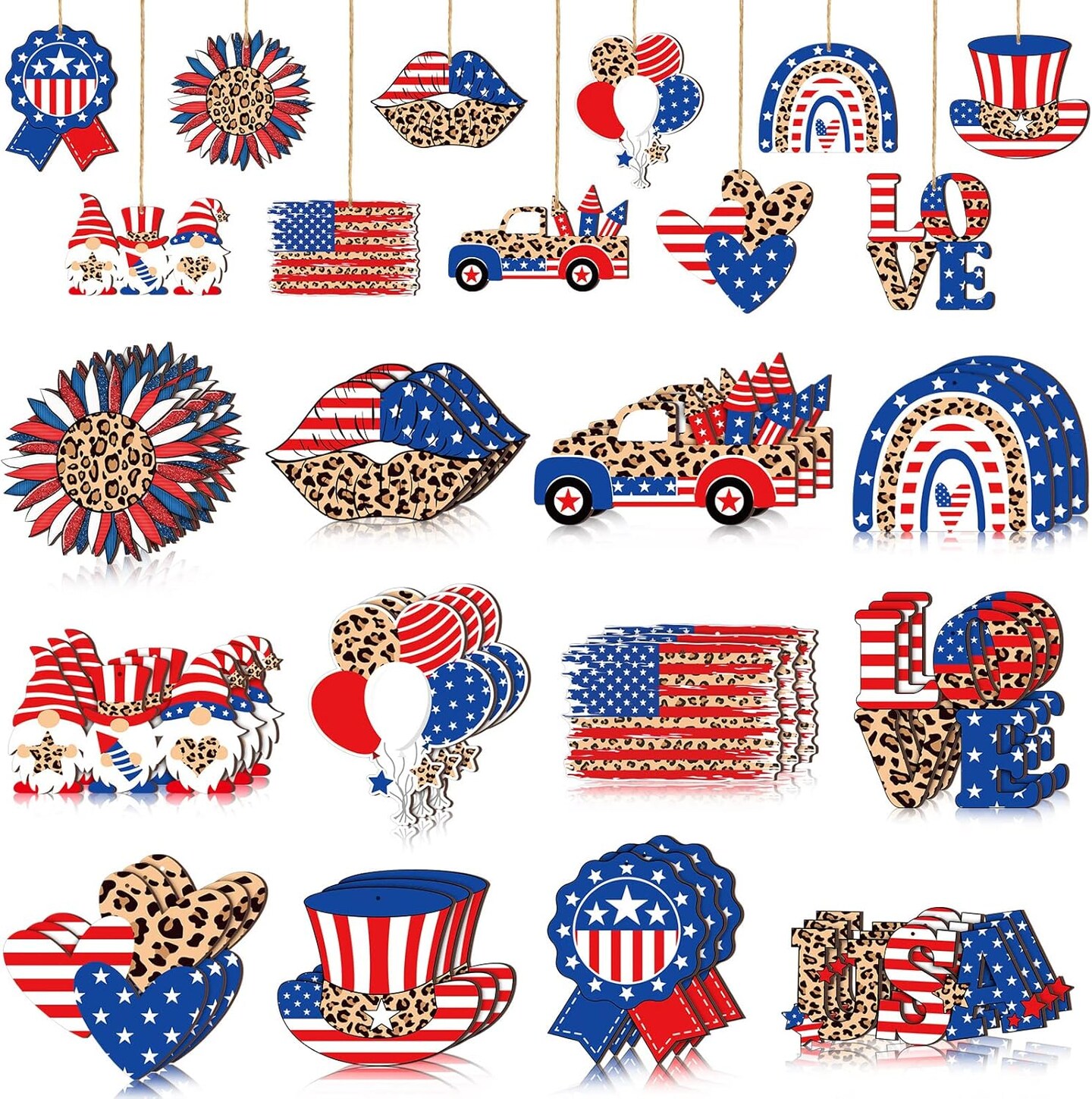 36 Pcs Patriotic Hanging Ornaments for Tree 4th of July Wood Decor Labor Day Independence Wooden Ornaments with Ropes Star USA Flag Gnome Red White and Blue Decorations Memorial Day(Leopard)