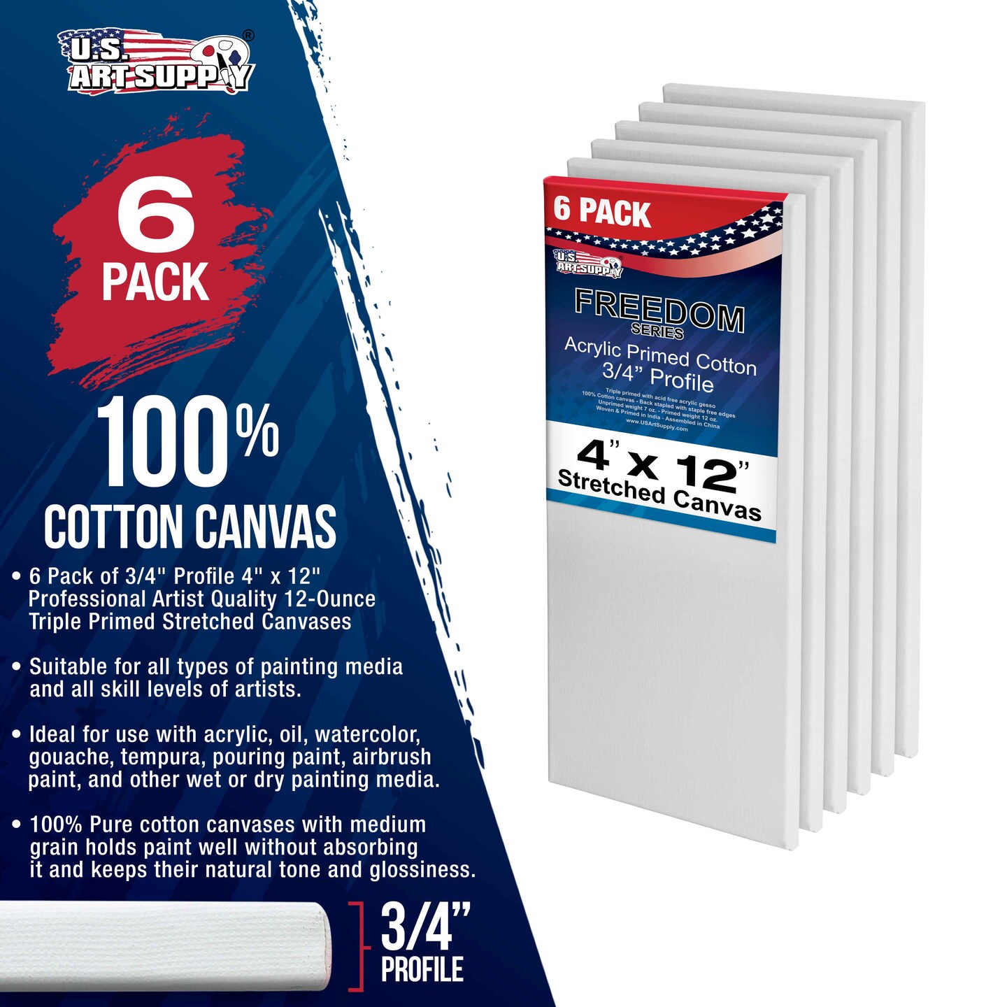 4 x 12 inch Stretched Canvas 12-Ounce Triple Primed, 6-Pack - Professional Artist Quality White Blank 3/4&#x22; Profile, 100% Cotton, Heavy-Weight Gesso