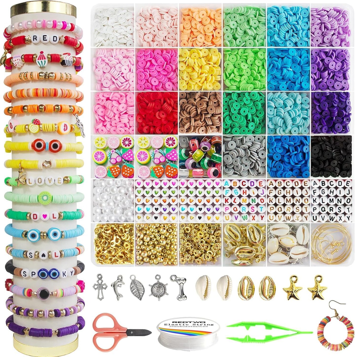 6200 Pcs Clay Beads Bracelet Making Kit, Flat Round Polymer Heishi Friendship Bracelet Jewelry Kit with Charms and Elastic Strings for Girls 8-12 Gifts for Kids