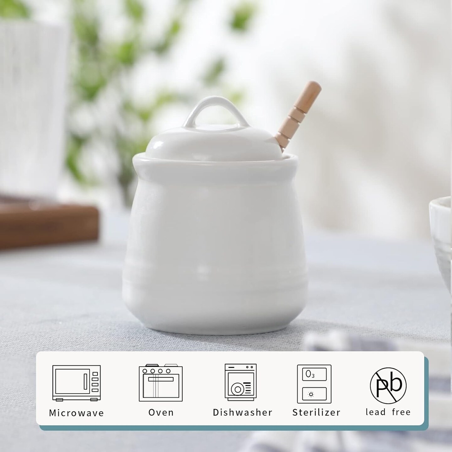 Ceramic Honey pot with Lid and Honey Dipper,Porcelain Honey Jar Easy to Clean and Dishwasher Safe,12oz (White)