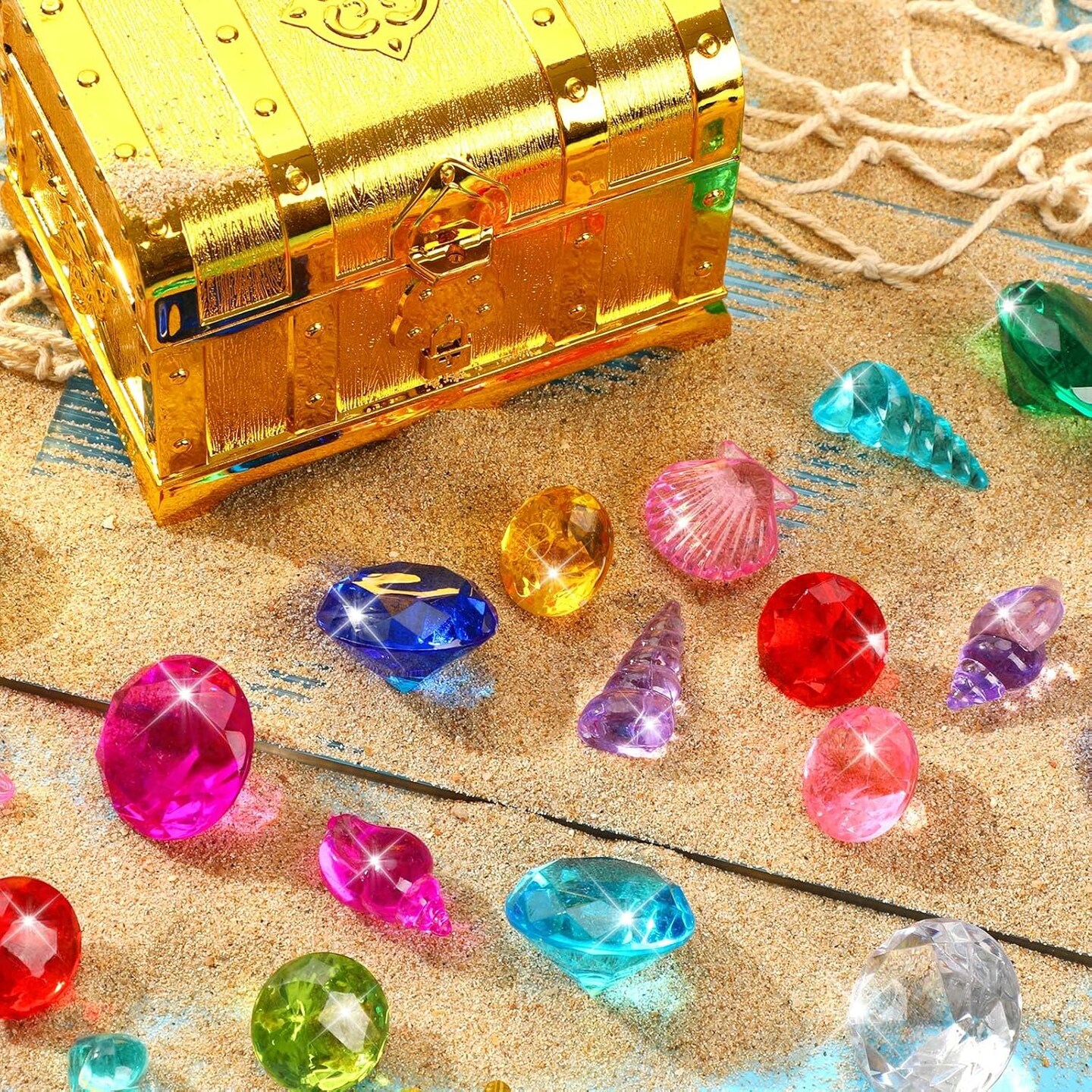 38 Pcs Summer Diving Pool Toys, 36 Big Assorted Dive Gems with Large Pirate Treasure Chest Box and Lock Acrylic Diamonds Sinking Toys for Kids Boys Girls Swimming Underwater Gift