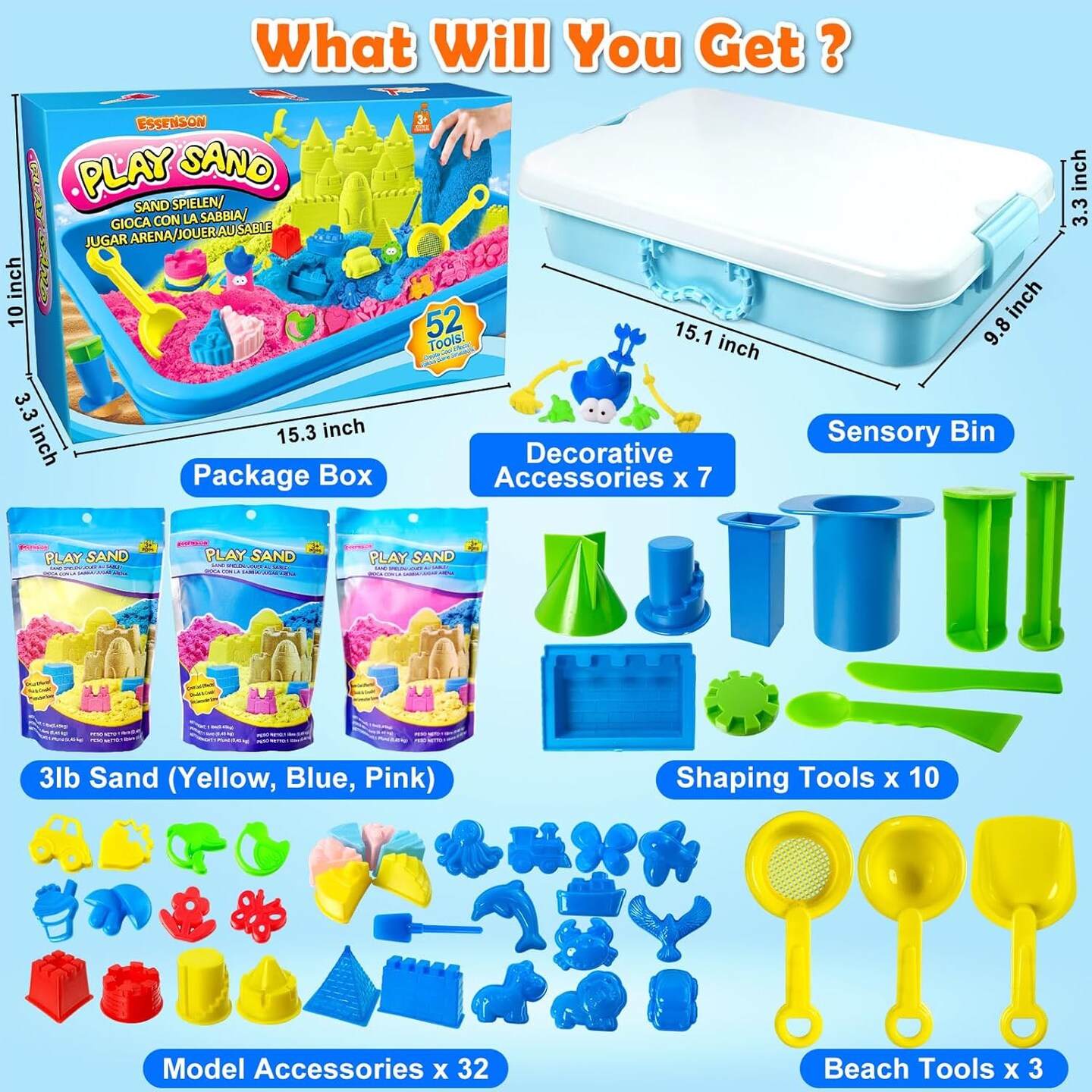 Summer Sensory Bin - 52 PCS Play Sand Kit with 3lbs Magical Sand, Beach Toys Castle Molds Sand Molds, Sensory Toy Sandbox, Kids Gifts for Girls and Boys